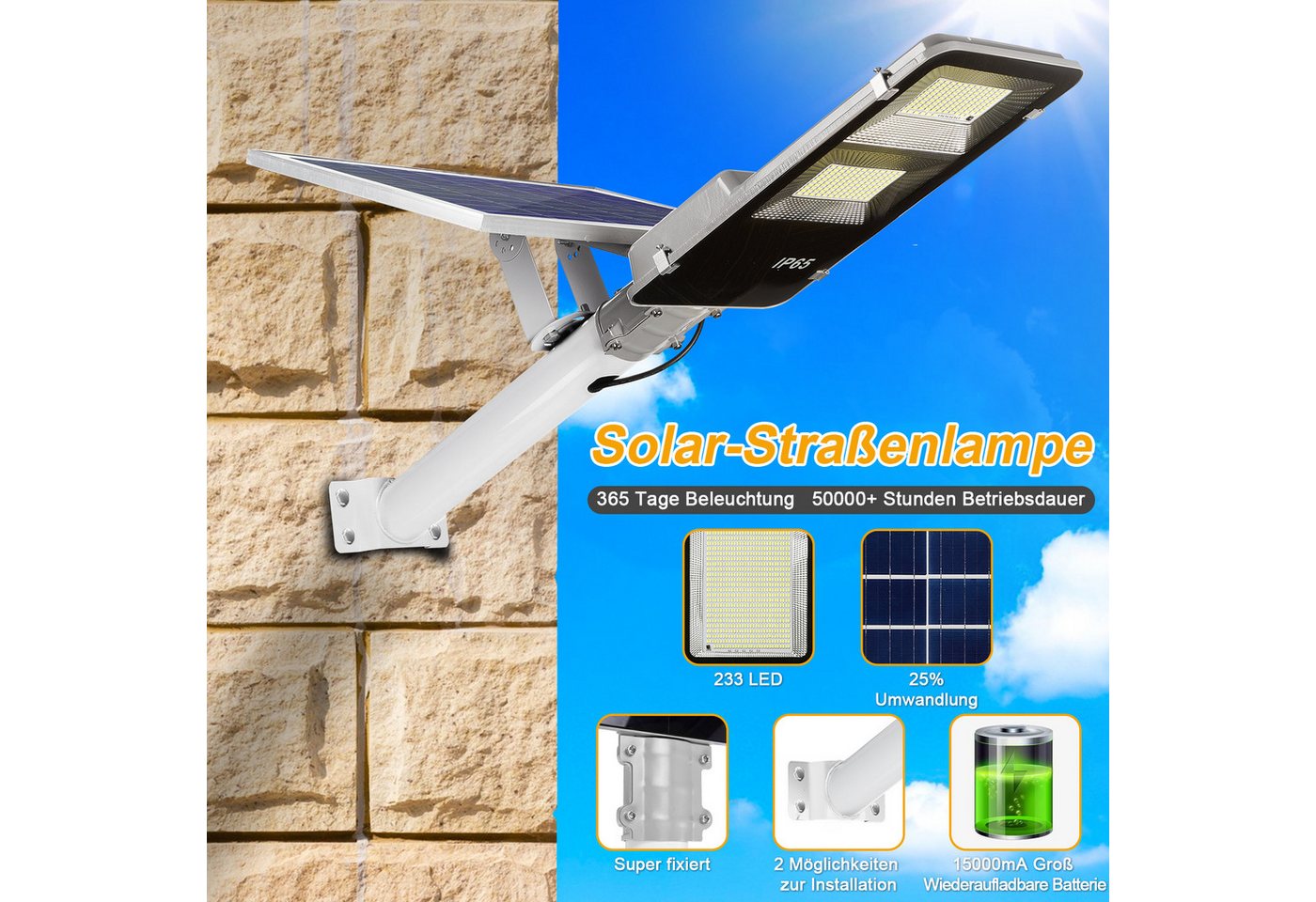 LMaxhome LED Solarleuchte Straßenlaterne Tageslichtweiß mit Fernbedienung Wasserdicht für Garten, 233 LEDs, LED fest integriert, 6500K 805LEDs Solarlampen LED fest integriert 20/25W Wandleuchte Außen Bild 3