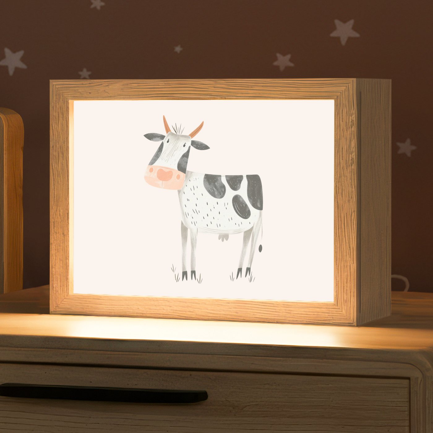 OnlyWow Nachttischlampe Lightbox Kuh - Bauernhoftier - Tiere - Pastellfarben - Jungen, Dimmbar, Farbwechsel, LED, Warmweiß, Kaltweiß, Neutralweiß Einstellbar, Nachtlicht, Kinder- und Babyzimmer, Dimmbar, mit Kabel, Tischleuchte