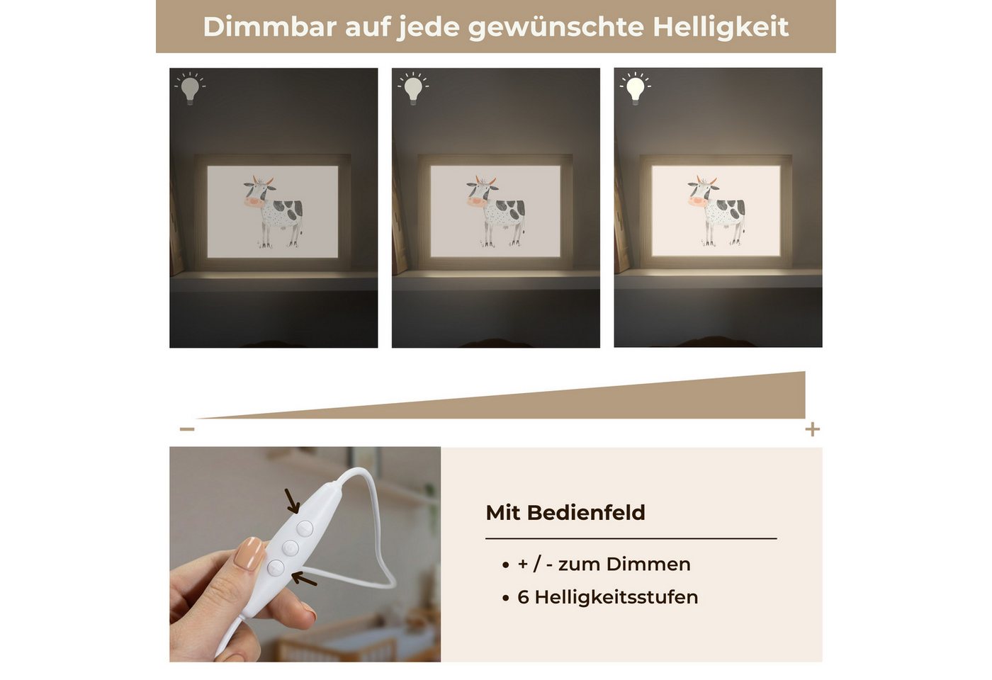 OnlyWow Nachttischlampe Lightbox Kuh - Bauernhoftier - Tiere - Pastellfarben - Jungen, Dimmbar, Farbwechsel, LED, Warmweiß, Kaltweiß, Neutralweiß Einstellbar, Nachtlicht, Kinder- und Babyzimmer, Dimmbar, mit Kabel, Tischleuchte Bild 2