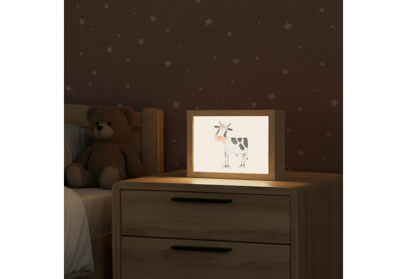 OnlyWow Nachttischlampe Lightbox Kuh - Bauernhoftier - Tiere - Pastellfarben - Jungen, Dimmbar, Farbwechsel, LED, Warmweiß, Kaltweiß, Neutralweiß Einstellbar, Nachtlicht, Kinder- und Babyzimmer, Dimmbar, mit Kabel, Tischleuchte Bild 3