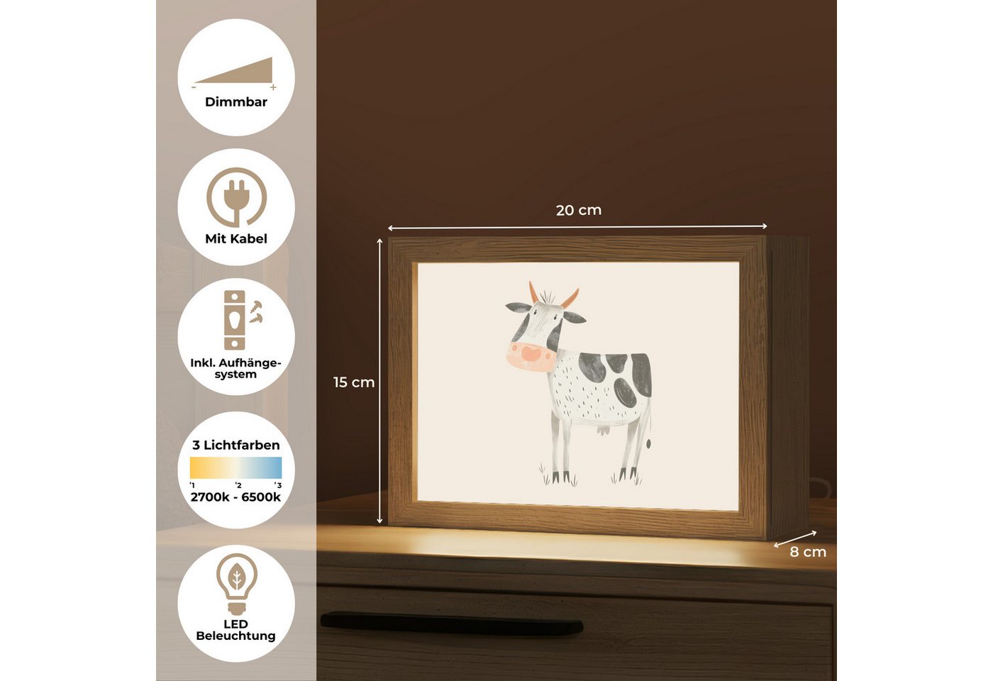 OnlyWow Nachttischlampe Lightbox Kuh - Bauernhoftier - Tiere - Pastellfarben - Jungen, Dimmbar, Farbwechsel, LED, Warmweiß, Kaltweiß, Neutralweiß Einstellbar, Nachtlicht, Kinder- und Babyzimmer, Dimmbar, mit Kabel, Tischleuchte Bild 5
