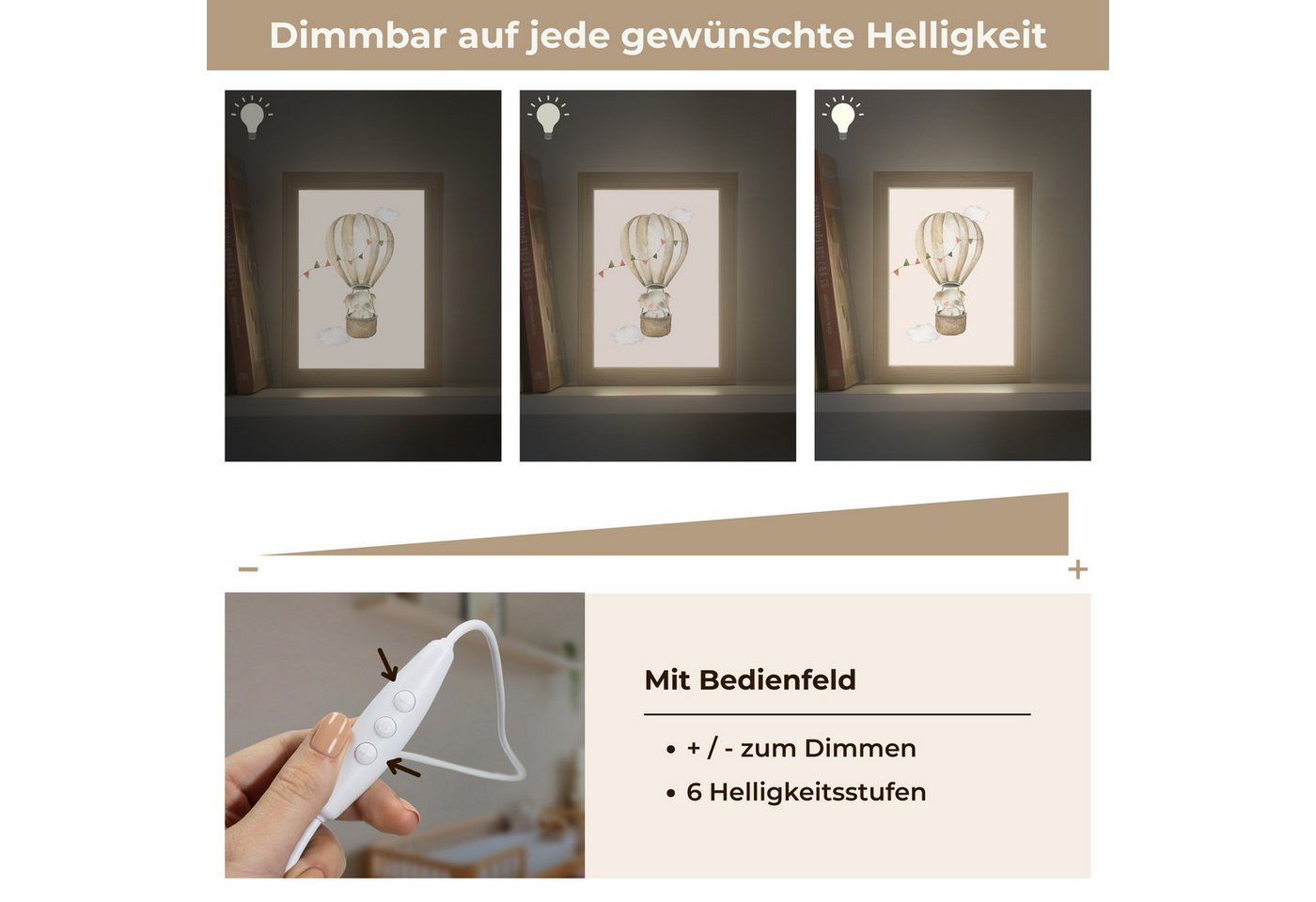 OnlyWow Nachttischlampe Lightbox Heißluftballon - Elefant - Aquarell - Beige - Tiere - Mädchen, Dimmbar, Farbwechsel, LED, Warmweiß, Kaltweiß, Neutralweiß Einstellbar, Kinderzimmer, Babyzimmer, Dimmbar, mit Kabel, Nachtlampe, LED
