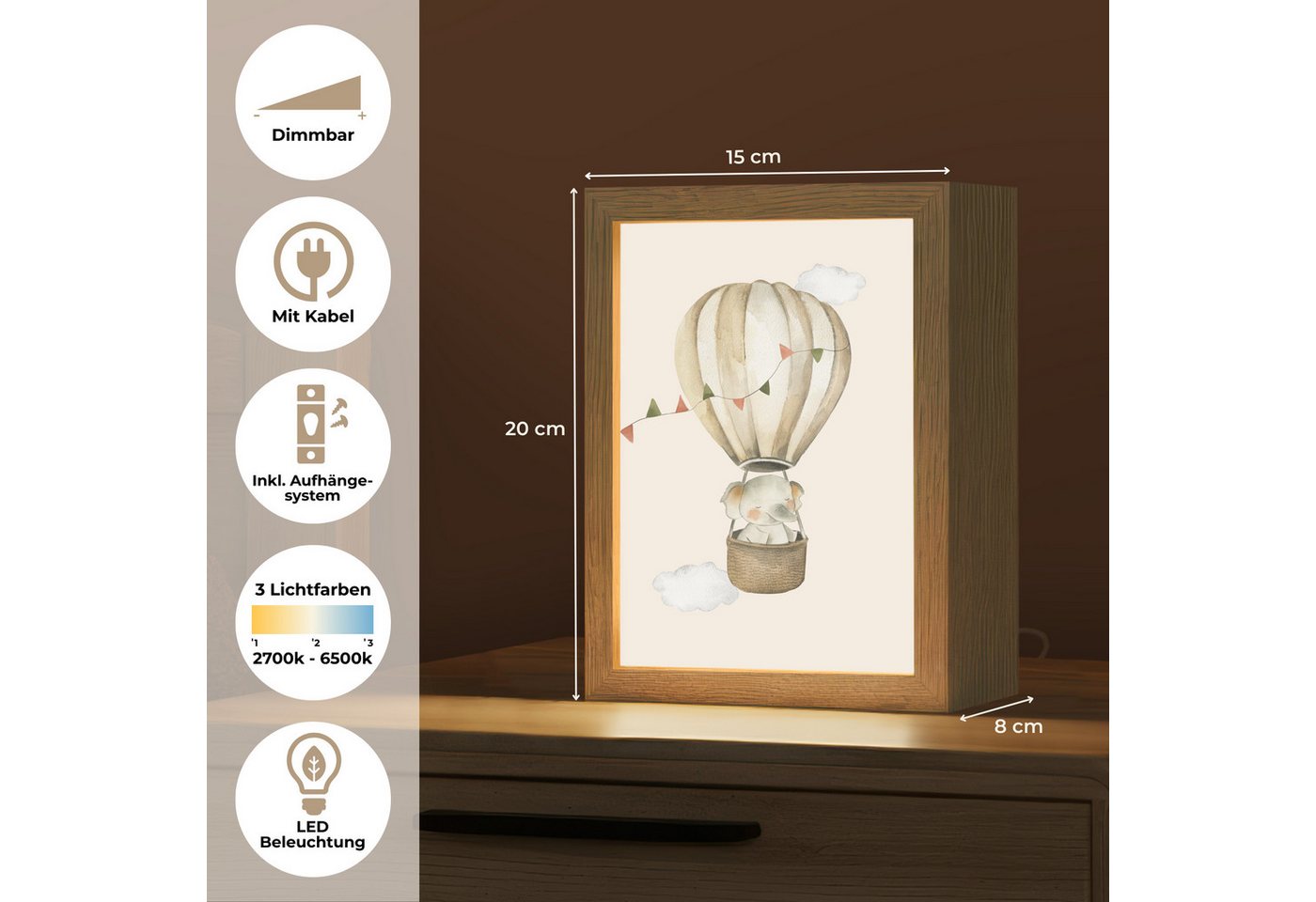 OnlyWow Nachttischlampe Lightbox Heißluftballon - Elefant - Aquarell - Beige - Tiere - Mädchen, Dimmbar, Farbwechsel, LED, Warmweiß, Kaltweiß, Neutralweiß Einstellbar, Kinderzimmer, Babyzimmer, Dimmbar, mit Kabel, Nachtlampe, LED Bild 4