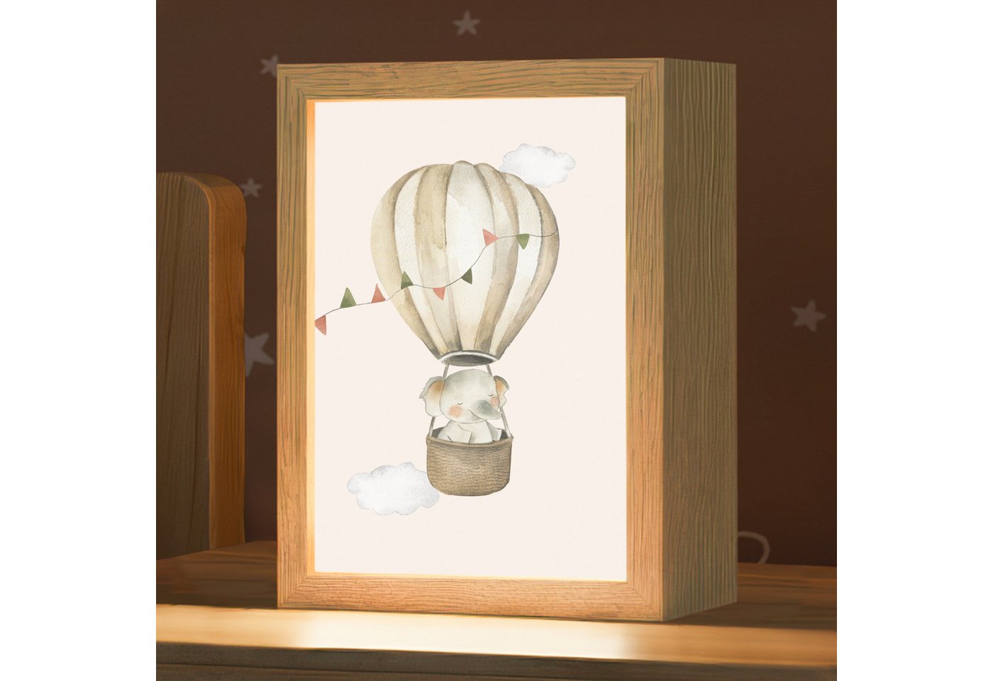 OnlyWow Nachttischlampe Lightbox Heißluftballon - Elefant - Aquarell - Beige - Tiere - Mädchen, Dimmbar, Farbwechsel, LED, Warmweiß, Kaltweiß, Neutralweiß Einstellbar, Kinderzimmer, Babyzimmer, Dimmbar, mit Kabel, Nachtlampe, LED Bild 5
