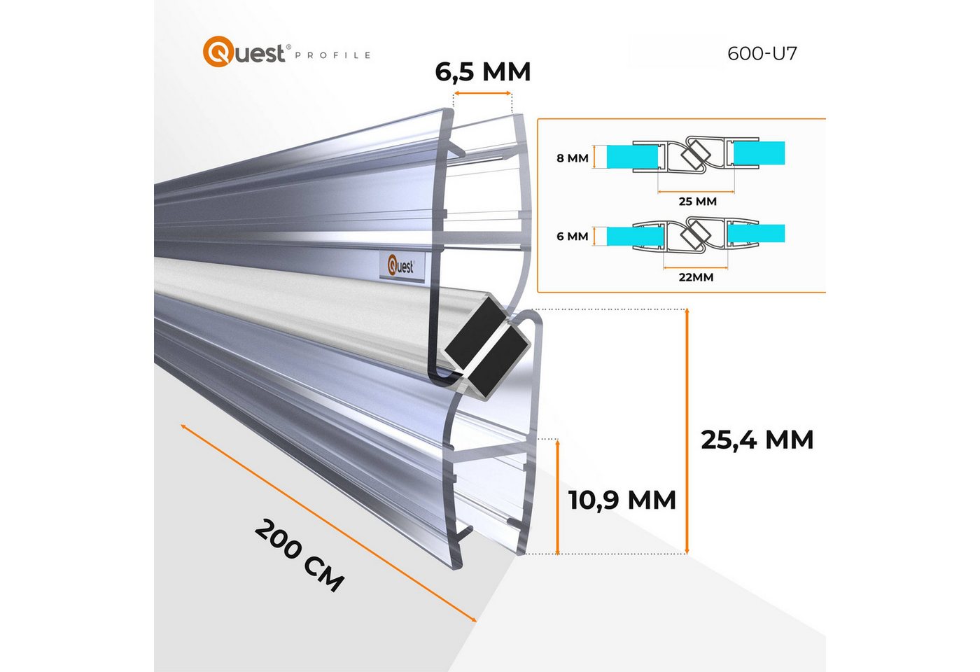Quest Duschdichtung Magnetdichtung 90° für Eckduschen, 200 cm, 2 Stück, L: 200,00 cm, (Packung, 2-St), für 6-8 mm Glas, 200 cm, transparent Bild 2