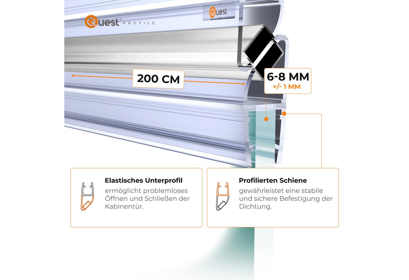 Quest Duschdichtung Magnetdichtung 90° für Eckduschen, 200 cm, 2 Stück, L: 200,00 cm, (Packung, 2-St), für 6-8 mm Glas, 200 cm, transparent Bild 3