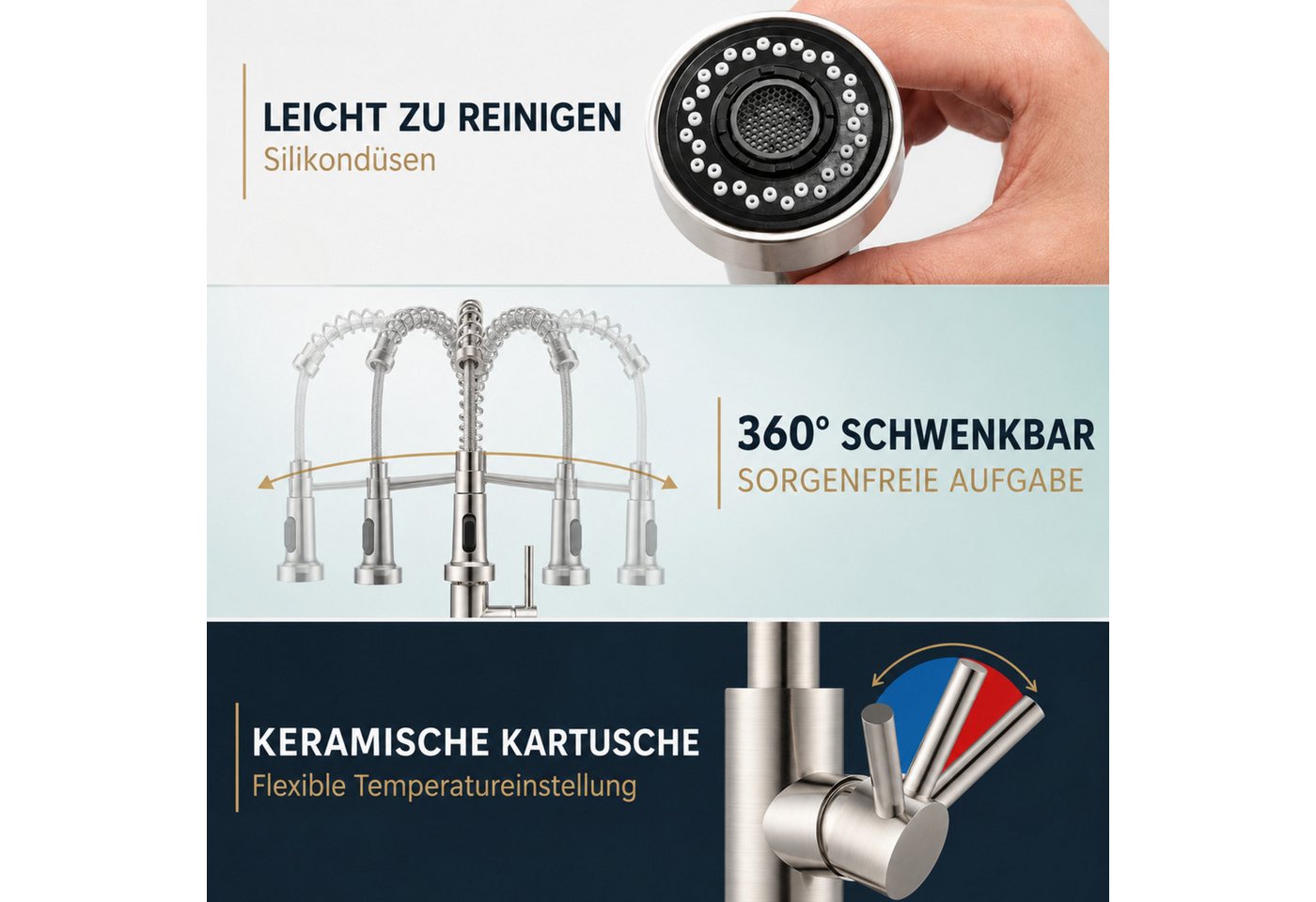 RUHE Küchenarmatur Wasserhahn Küche Hochdruck Küchenarmatur Herausziehbarer Brause 2 Modi (EINFACHE MONTAGE], 1-St., Set inklusive Armatur Anschlussschläuchen Gegengewicht) Ausziehbare Brause 360° schwenkbar G3/8 Hochdruck Edelstahl Wasserhahn