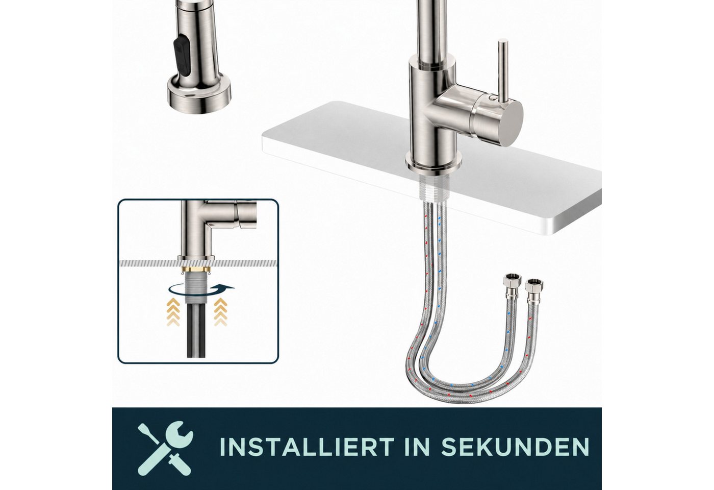 RUHE Küchenarmatur Wasserhahn Küche Hochdruck Küchenarmatur Herausziehbarer Brause 2 Modi (EINFACHE MONTAGE], 1-St., Set inklusive Armatur Anschlussschläuchen Gegengewicht) Ausziehbare Brause 360° schwenkbar G3/8 Hochdruck Edelstahl Wasserhahn Bild 3