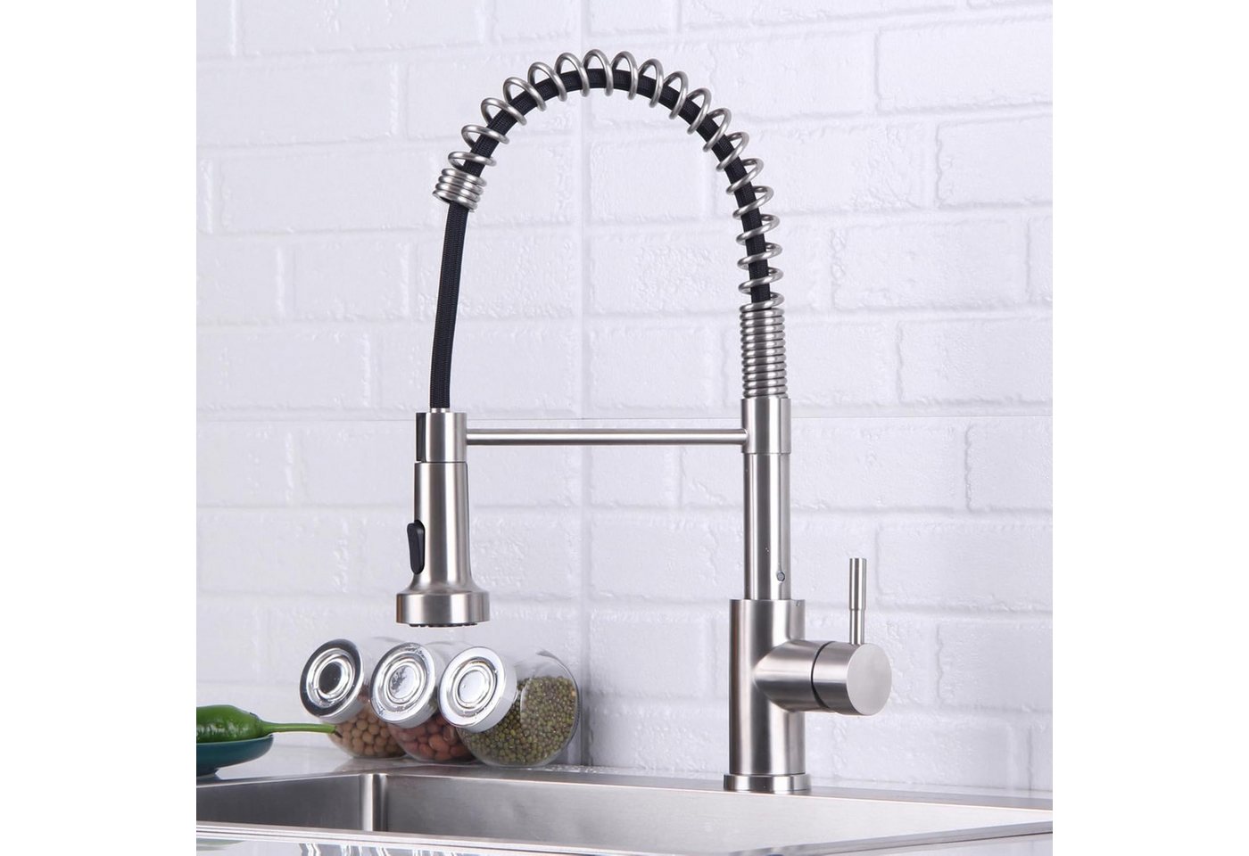 RUHE Küchenarmatur Wasserhahn Küche Hochdruck Küchenarmatur Herausziehbarer Brause 2 Modi (EINFACHE MONTAGE], 1-St., Set inklusive Armatur Anschlussschläuchen Gegengewicht) Ausziehbare Brause 360° schwenkbar G3/8 Hochdruck Edelstahl Wasserhahn Bild 4