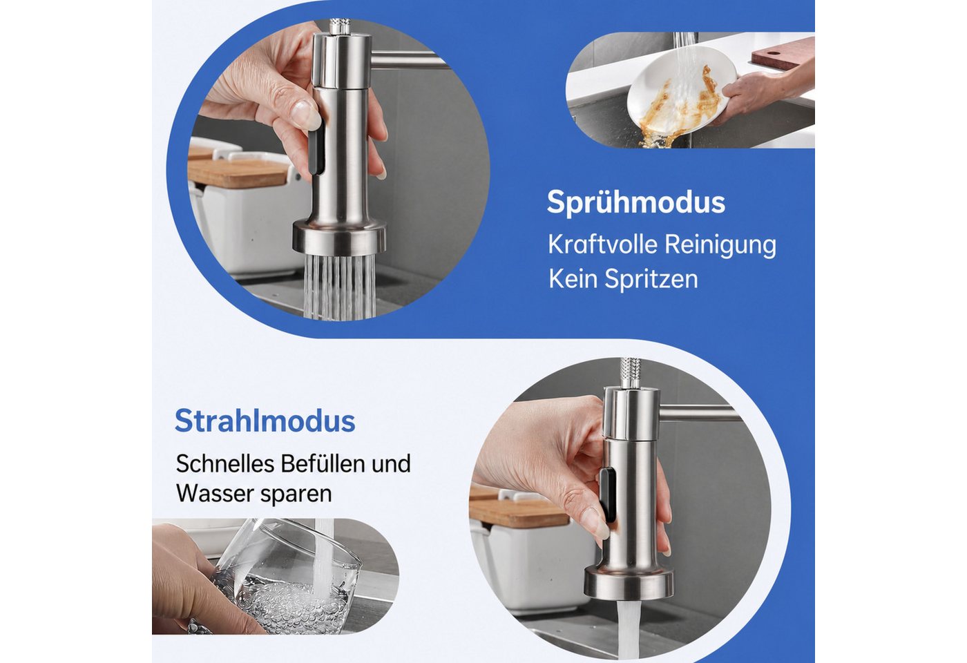 RUHE Küchenarmatur Wasserhahn Küche Hochdruck Küchenarmatur Herausziehbarer Brause 2 Modi (EINFACHE MONTAGE], 1-St., Set inklusive Armatur Anschlussschläuchen Gegengewicht) Ausziehbare Brause 360° schwenkbar G3/8 Hochdruck Edelstahl Wasserhahn Bild 5