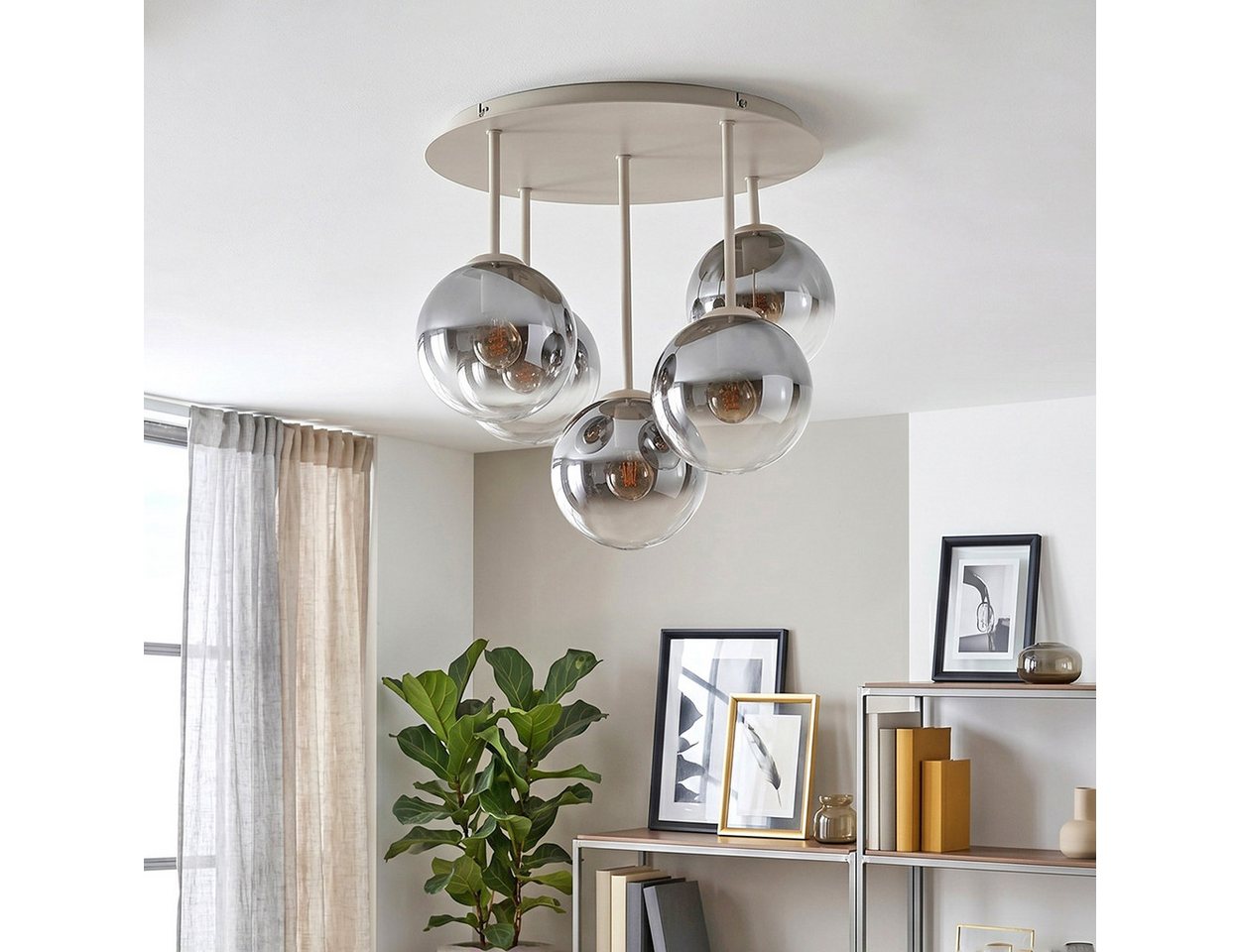 hofstein Deckenleuchte Deckenlampe aus Metall/Glas in Sandfarben/Weiß/Rauchfarben/Klar, moderne Deckenleuchte im Retro/Vintage-Design, 5 x E14