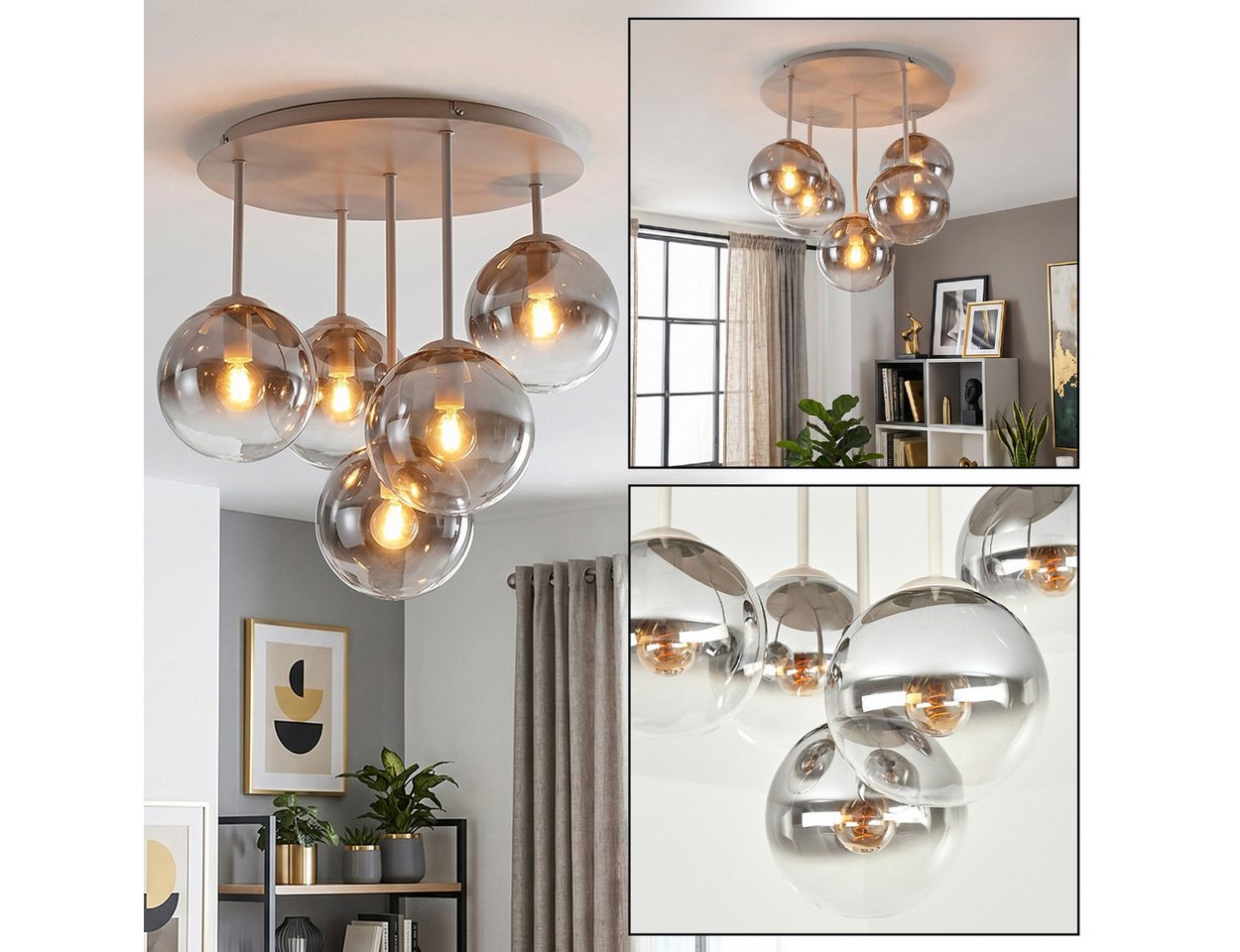 hofstein Deckenleuchte Deckenlampe aus Metall/Glas in Sandfarben/Weiß/Rauchfarben/Klar, moderne Deckenleuchte im Retro/Vintage-Design, 5 x E14 Bild 5