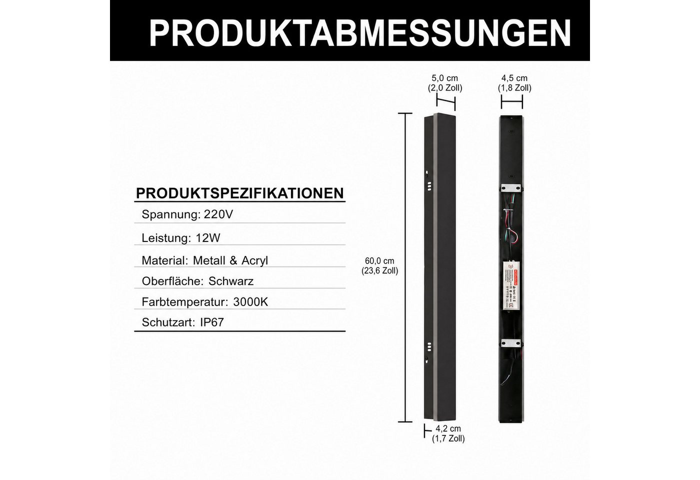 LOHAS-LED Außen-Wandleuchte LED Wandleuchte Strip, 60 cm, IP67, 3000K für Garten & Fassade, LED fest integriert, Warmweiß Bild 2