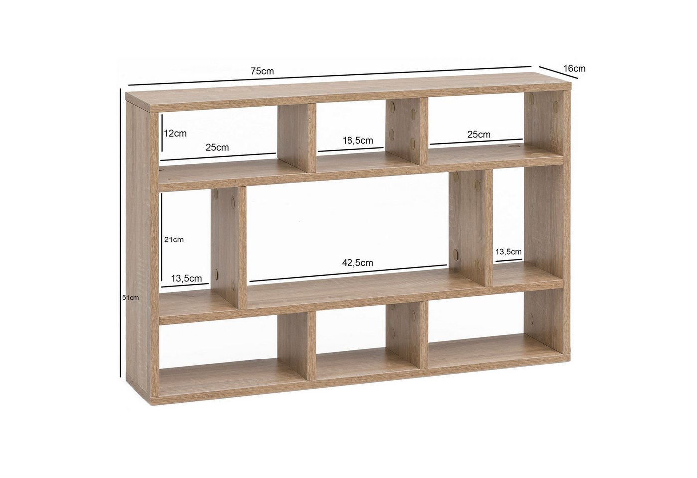 FINEBUY Wandregal SuVa14522_1 SV51844 Hängeregal Wandboard Holz Bücherregal Klein Modern, Sonoma 75x51x16 cm, Design Holz Hängeregal Modern, Schweberegal Wand, Wandboard Schmal, Dekoregal