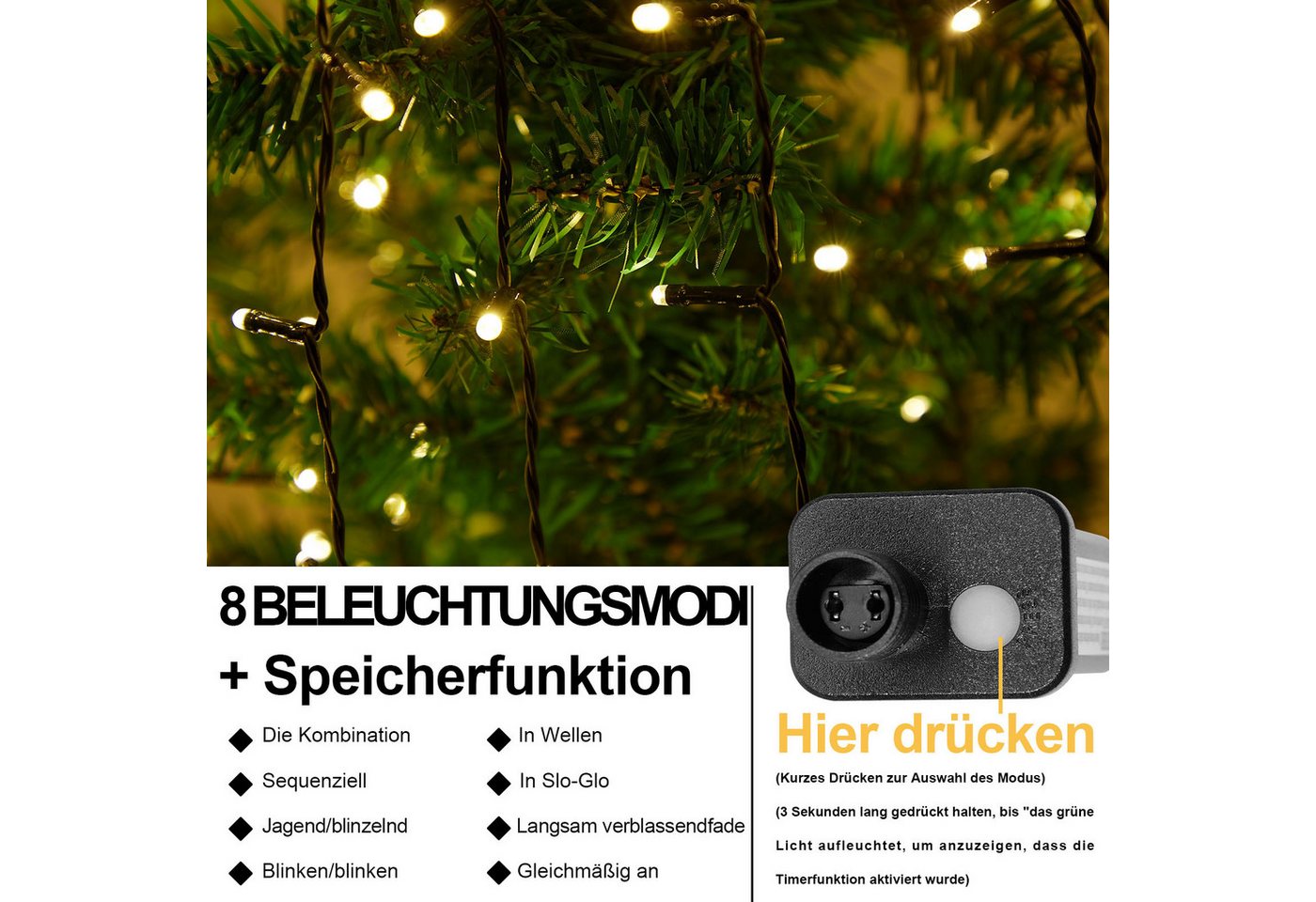 Sunicol Lichterkette Weihnachten Strom Lichterketten mit 8 Leuchtmodi, Timer, 1-flammig, Lichterketten für Party, Garten, Baum