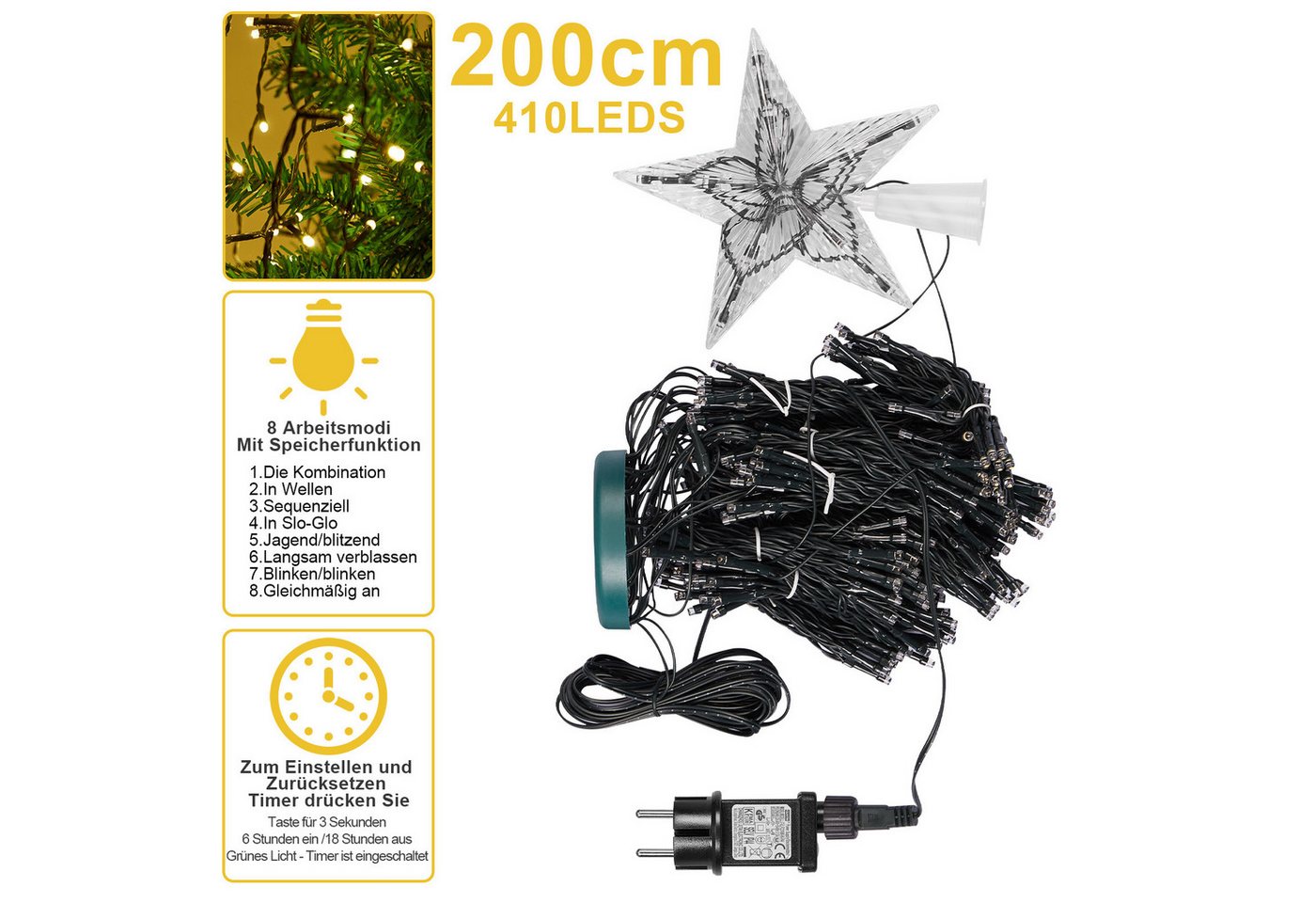 Sunicol Lichterkette Weihnachten Strom Lichterketten mit 8 Leuchtmodi, Timer, 1-flammig, Lichterketten für Party, Garten, Baum Bild 3
