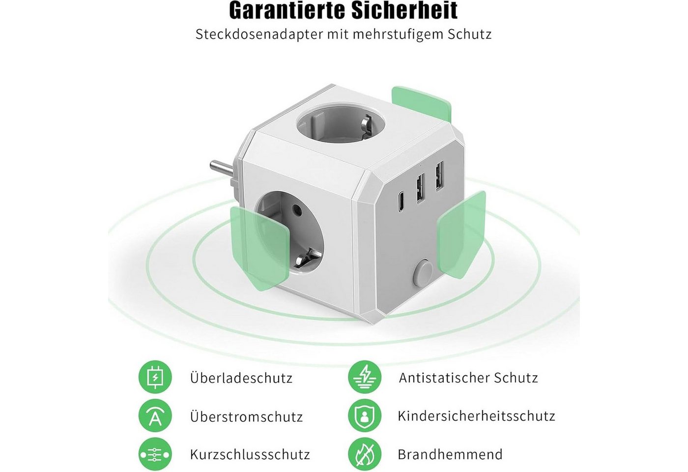 LaCute Steckdosenwürfel mit 4 Steckdosen, 3 USB und USB-C 2500W Mehrfachsteckdose 4-fach (1 USB-C-Anschluss, 3 USB-Anschlüsse, 4 Steckdosen), 4 Steckdosen, 3 USB-Anschlüsse und 1 USB-C-Anschluss Bild 4