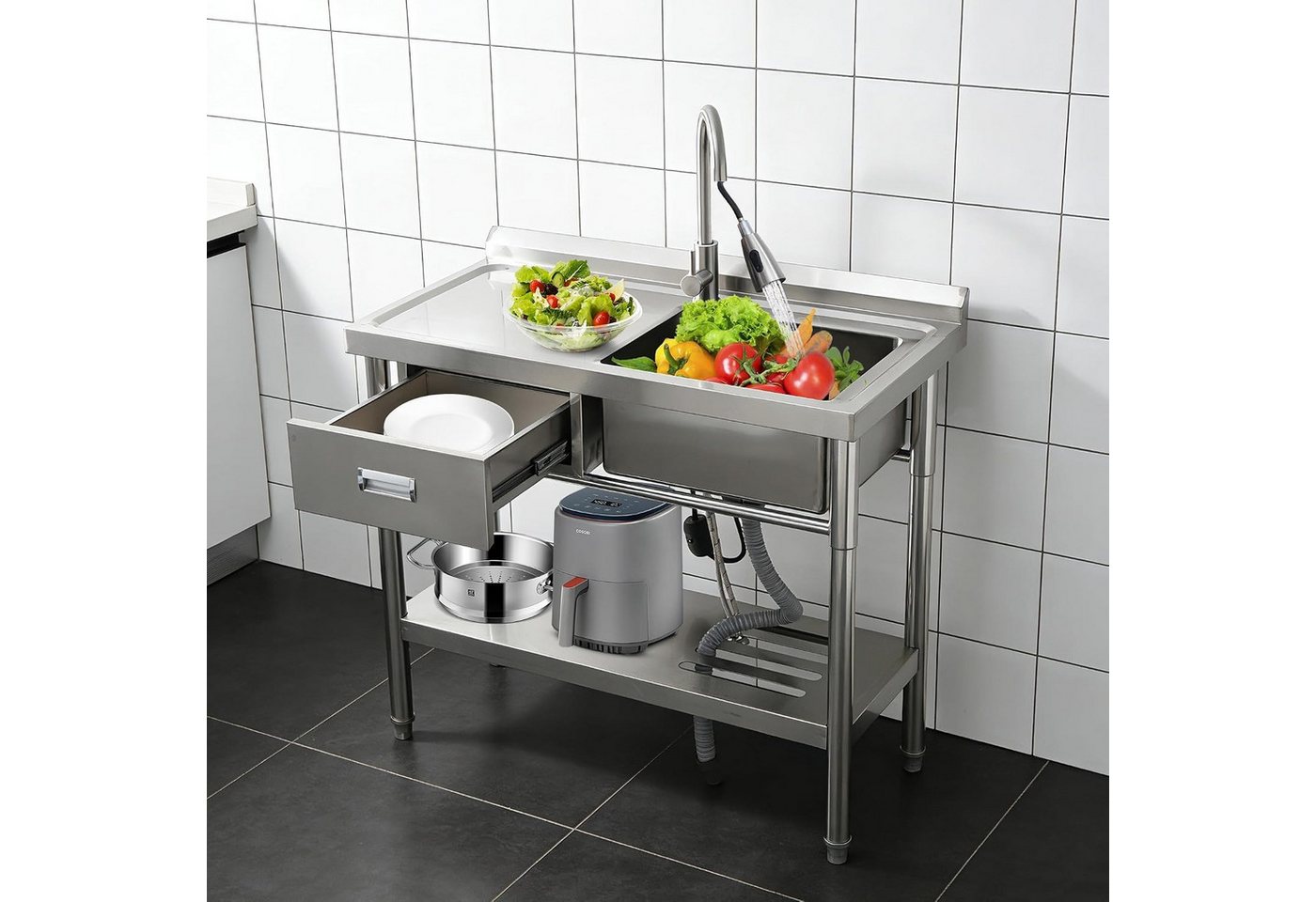 GarveeMore Küchenspüle Edelstahl Spültisch 99x36x84cm,Freistehende Küchenspüle 1 Becken, Gewerbliche Spülbecken Mit Wasserhahn Kalt Und Warmwasserschläuchen Bild 2