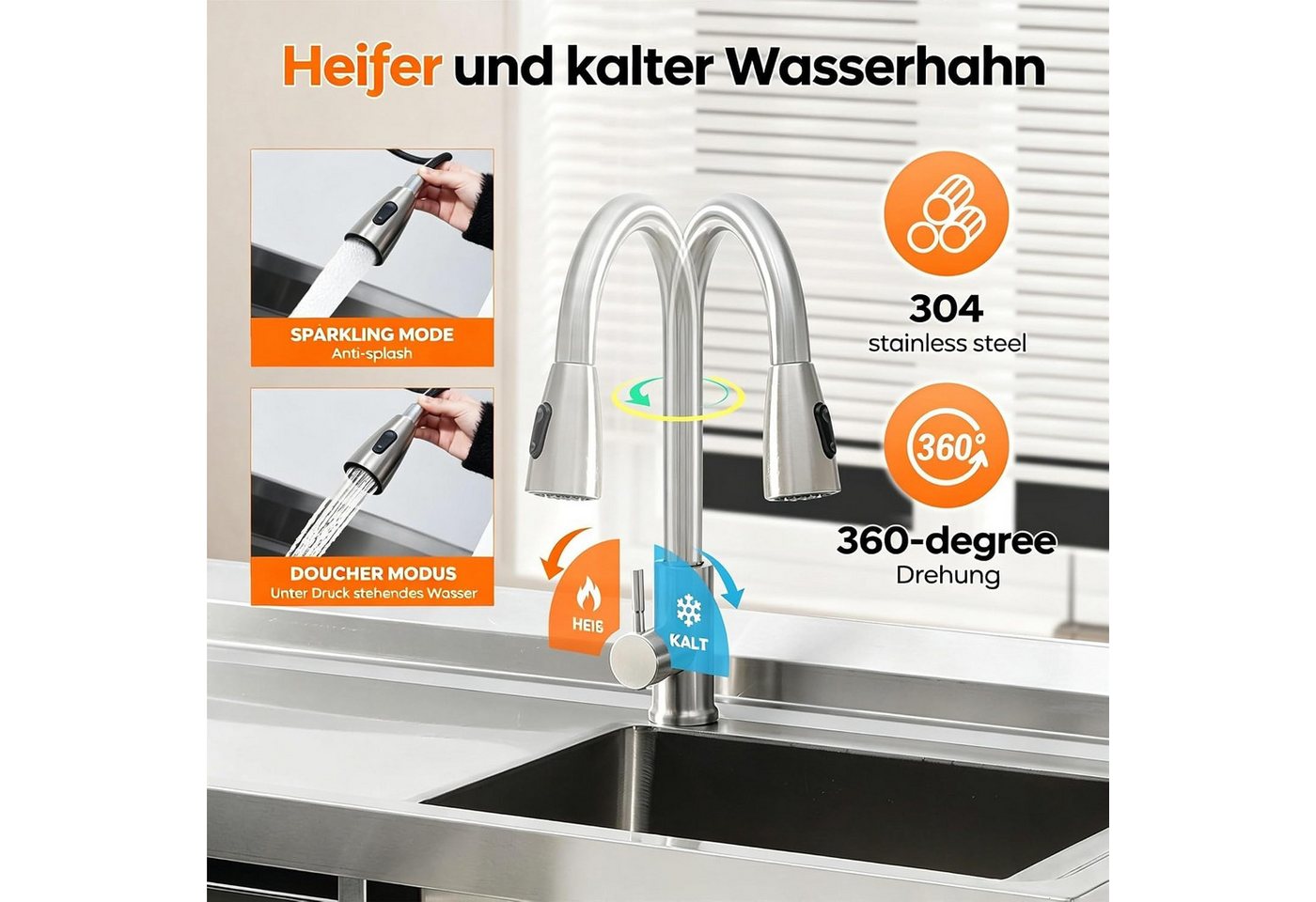 GarveeMore Küchenspüle Edelstahl Spültisch 99x36x84cm,Freistehende Küchenspüle 1 Becken, Gewerbliche Spülbecken Mit Wasserhahn Kalt Und Warmwasserschläuchen Bild 3