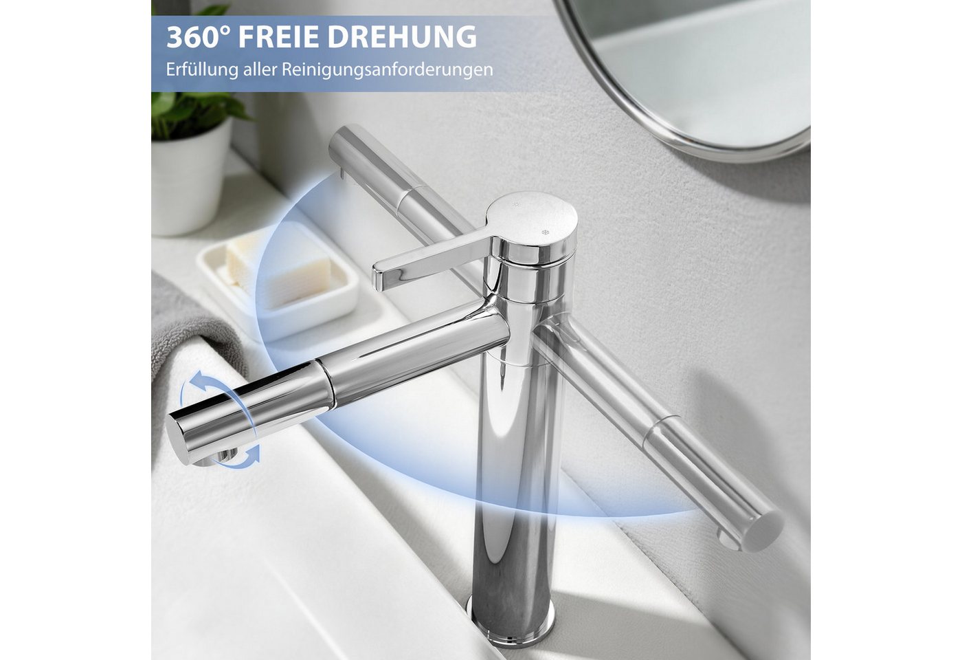 HOMELODY Waschtischarmatur Hochdruck Waschtischarmatur Edelstahl 304 Hoch Wasserhahn 360° Drehbar Hoher Badarmatur für Aufsatzwaschbecken mit schwenkbarem Auslauf