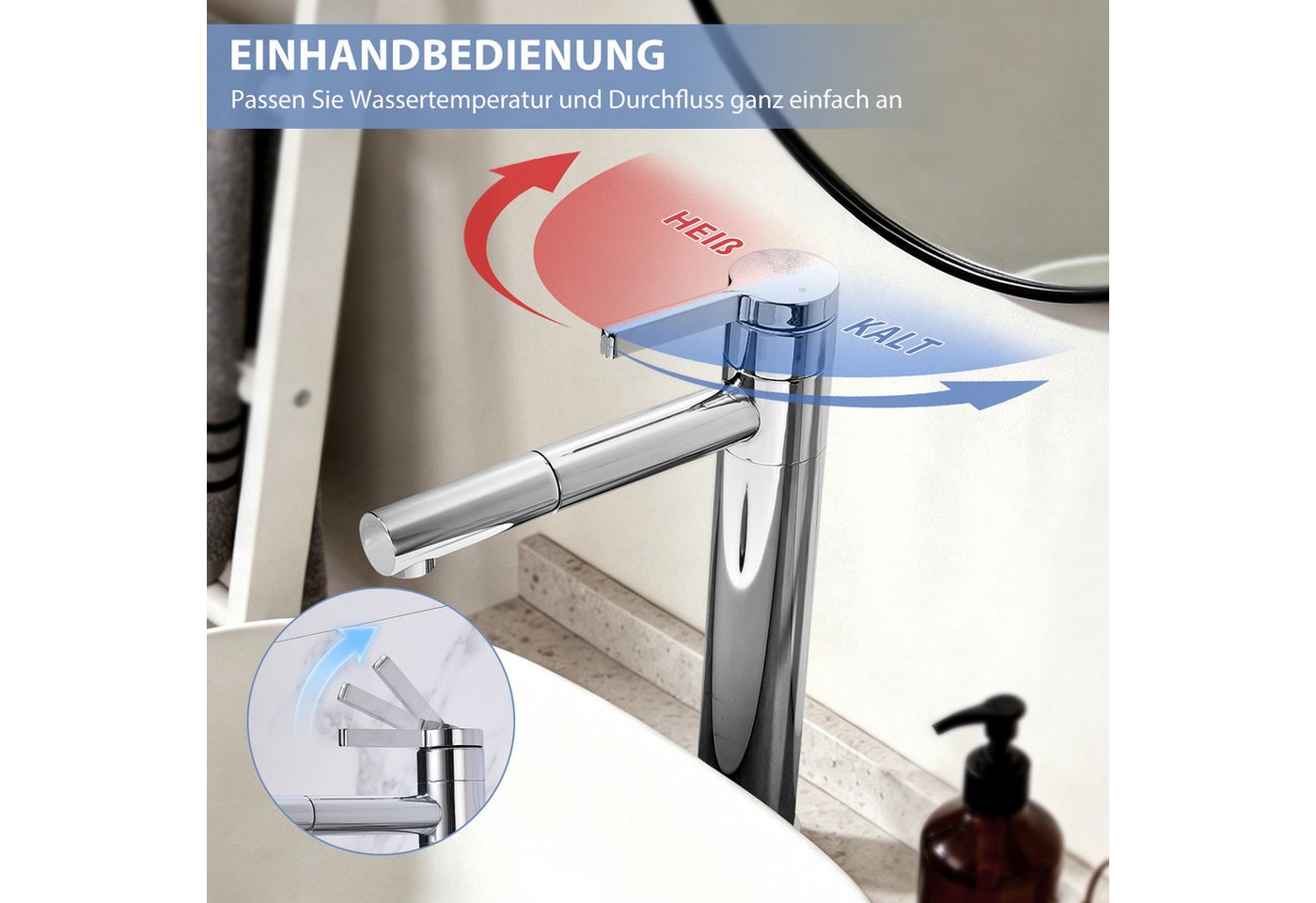 HOMELODY Waschtischarmatur Hochdruck Waschtischarmatur Edelstahl 304 Hoch Wasserhahn 360° Drehbar Hoher Badarmatur für Aufsatzwaschbecken mit schwenkbarem Auslauf Bild 5