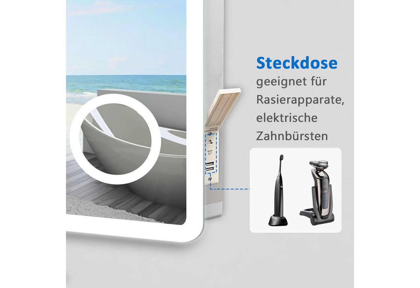 duschspa Badspiegel LED Spiegel mit Steckdose 3x Schminkspiegel Kalt/Neutral/Warmweiß, Bluetooth,Rasiersteckdose Bild 2