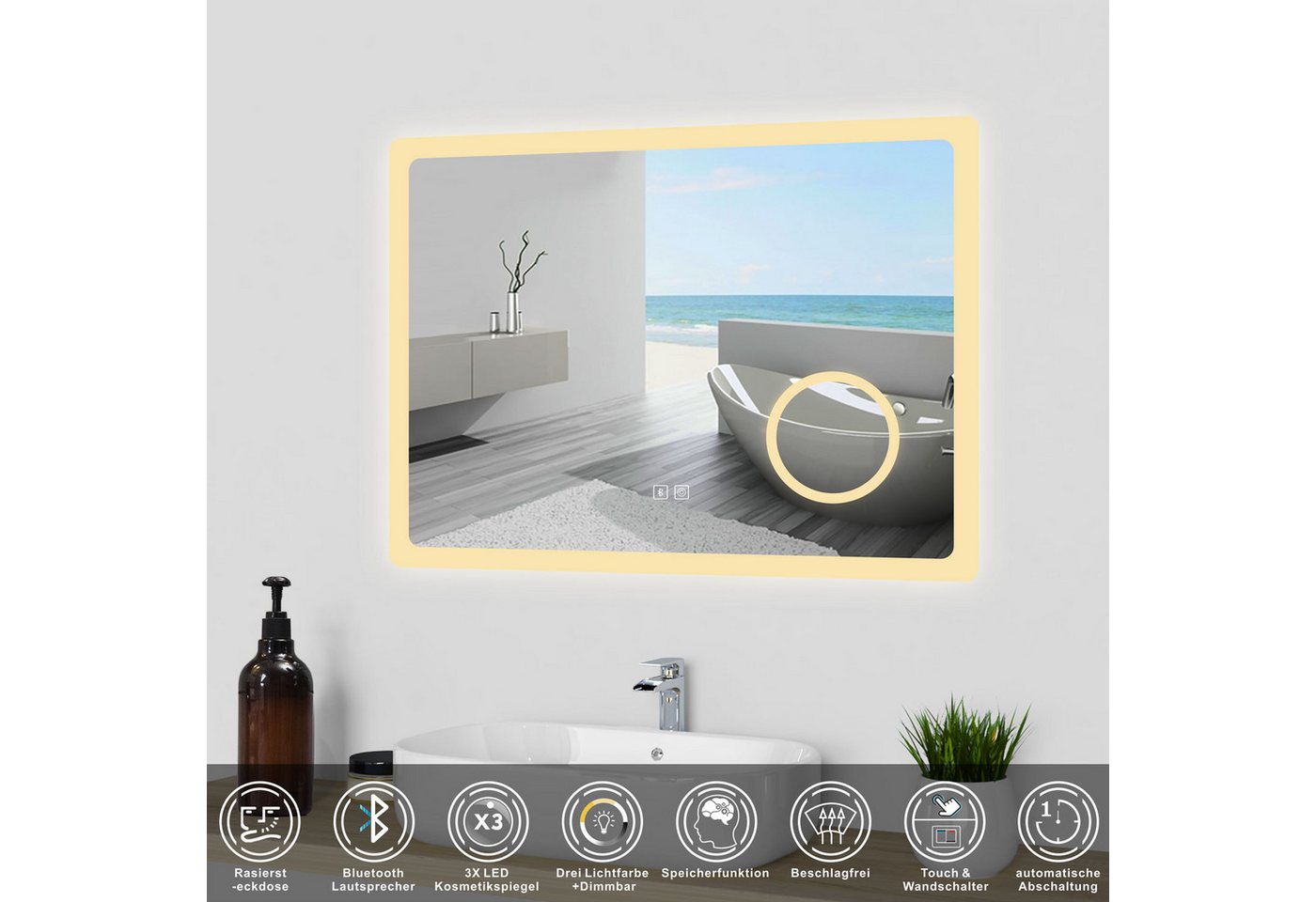duschspa Badspiegel LED Spiegel mit Steckdose 3x Schminkspiegel Kalt/Neutral/Warmweiß, Bluetooth,Rasiersteckdose Bild 3