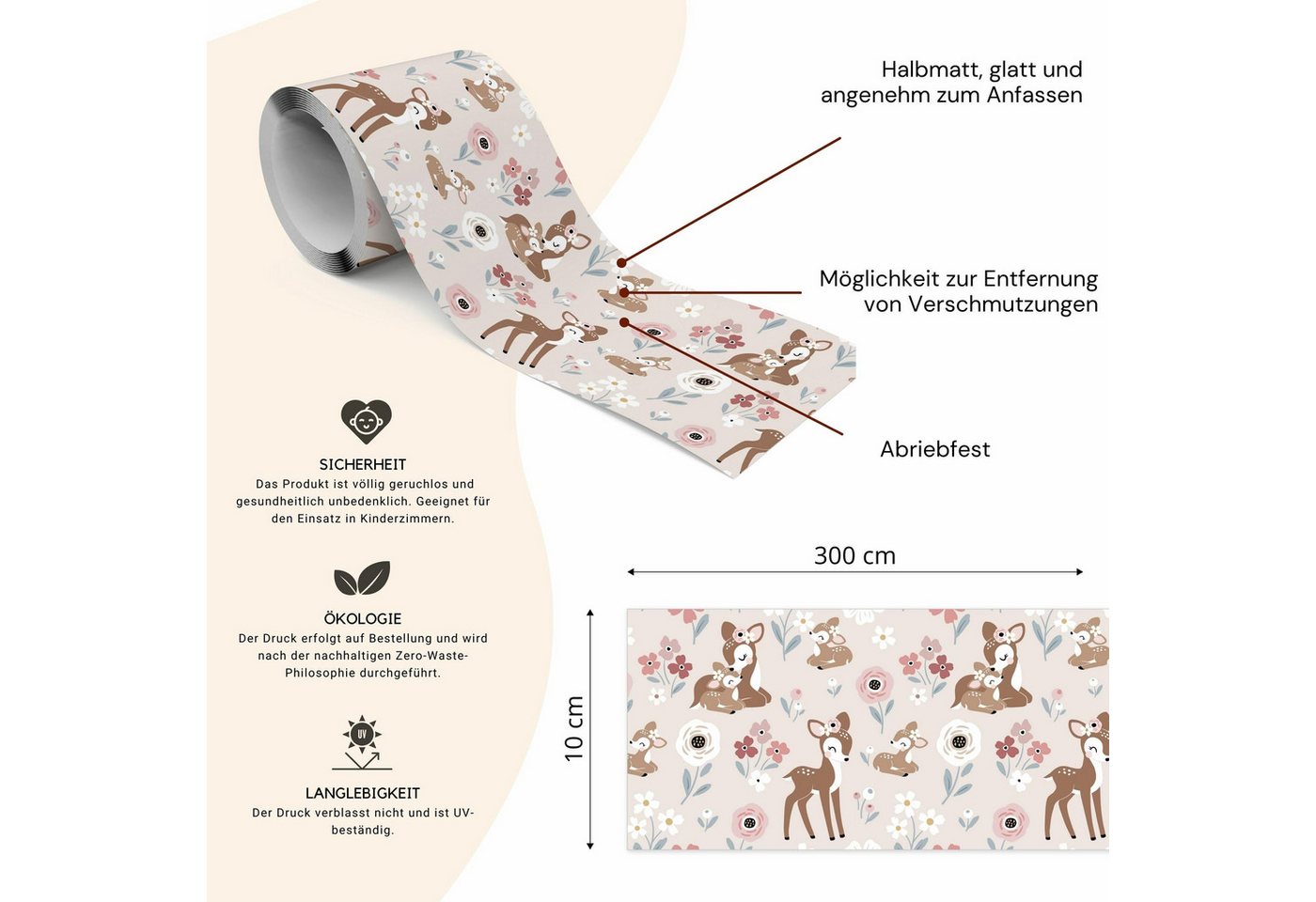Muralo Bordüre Wandbordüre selbstklebend Kinderzimmer – Tapetenbordüre für Kinder, bedruckt, Hirschkalb und Blumen, 10 x 300 cm, abriebfest, abwischbar Bild 3