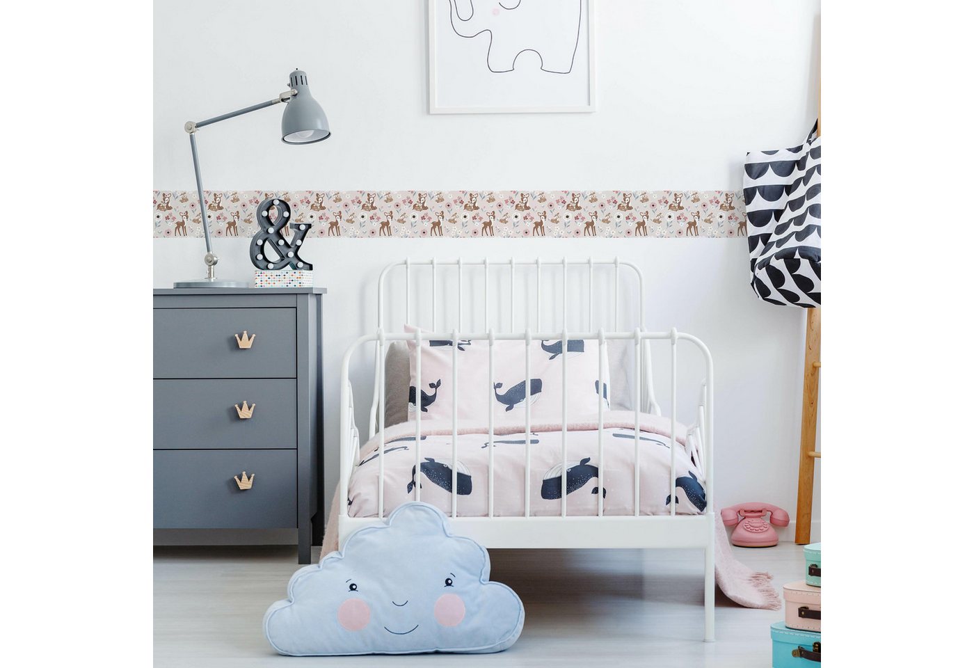 Muralo Bordüre Wandbordüre selbstklebend Kinderzimmer – Tapetenbordüre für Kinder, bedruckt, Hirschkalb und Blumen, 10 x 300 cm, abriebfest, abwischbar Bild 5