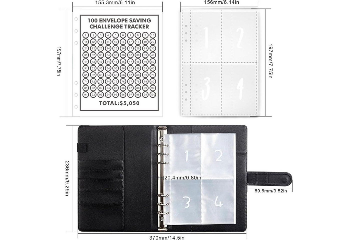 AMONENZ Notizbuch Budget Planner Sparbuch Kunstleder A5 100 Umschläge Schwarz Bild 4