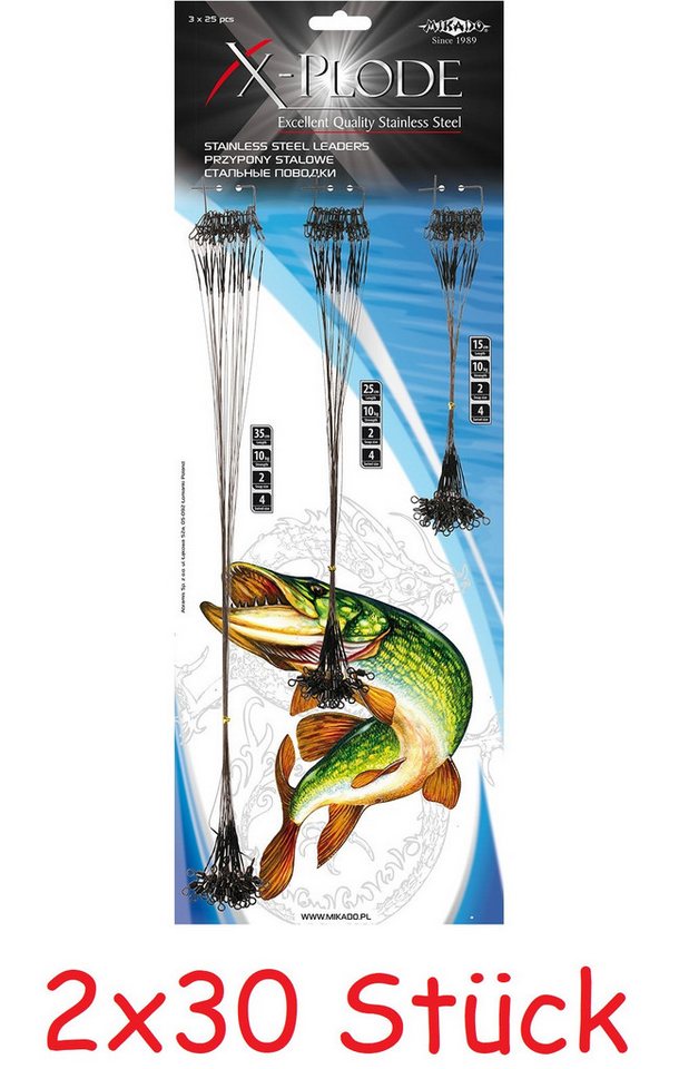MIKADO Total Fishing Vorfachschnur Stahlvorfach STAHL-LEADER Wirbel und Safety Snap 25cm/10kg 2x30 Stck., (60-St)