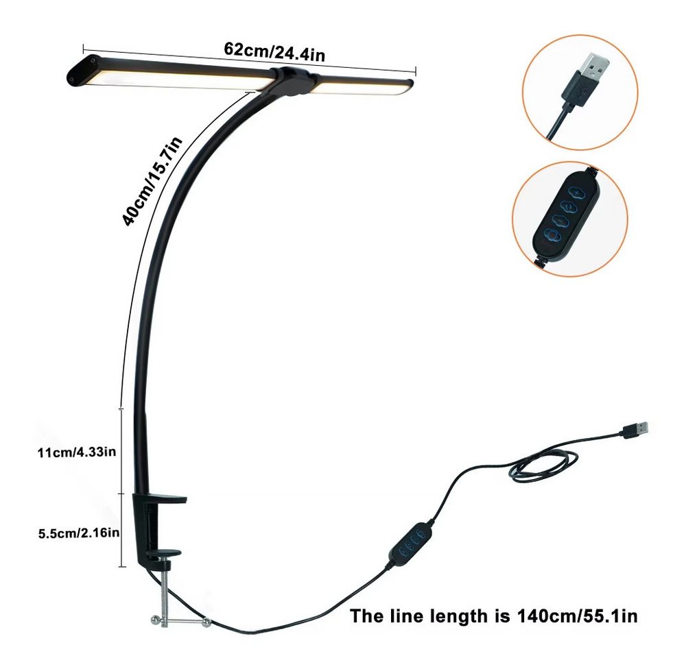 Athlix Schreibtischlampe LED-Lampe Schreibtischlampe mit Klemme, LED fest integriert, Tageslichtweiß, Schonendes Lichtspektrum, Stabile Materialkombination Bild 2