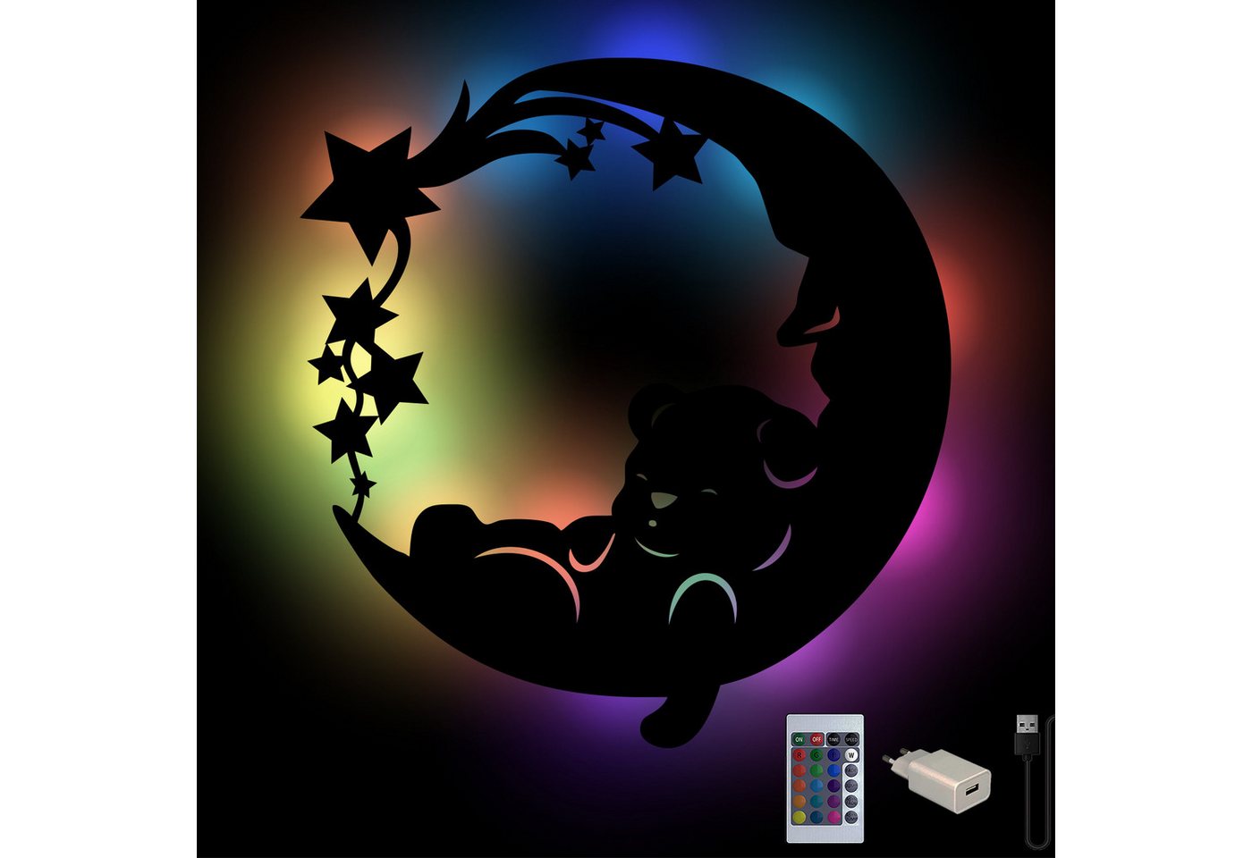 Namofactur LED Nachtlicht "Sweet Dreams" Bär auf Mond - Schlaflicht mit Farbwechsel RGB, LED fest integriert, Farbwechsler, Wanddekoobjekt Kinderzimmer Leuchte mit Fernbedienung