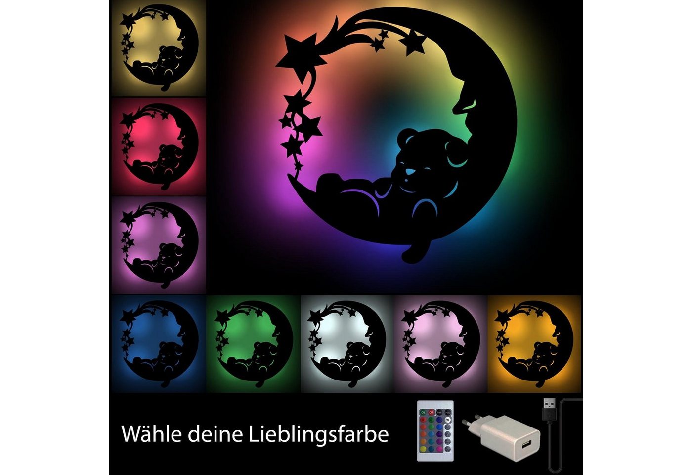Namofactur LED Nachtlicht "Sweet Dreams" Bär auf Mond - Schlaflicht mit Farbwechsel RGB, LED fest integriert, Farbwechsler, Wanddekoobjekt Kinderzimmer Leuchte mit Fernbedienung Bild 5