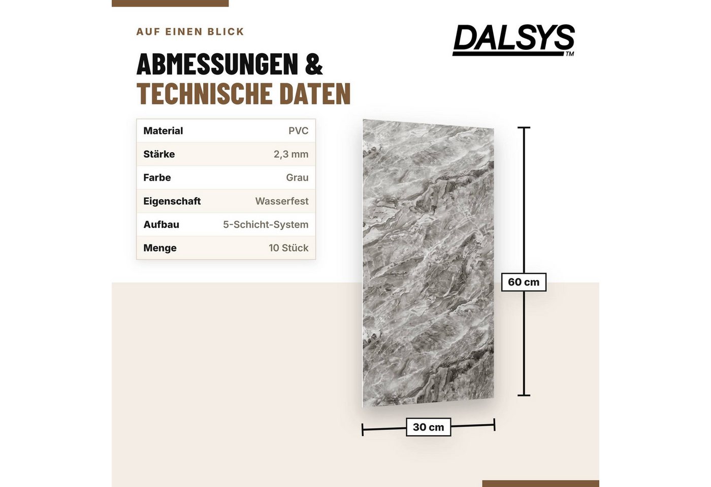 Dalsys Wandpaneel Wandverkleidung selbstklebend aus PVC, BxL: 30x60 cm, (60x30cm Marmoroptik Grau, 10-tlg., flexible Wandverkleidung Badezimmer wasserfest) 2,3mm Materialstärke, Spritzschutz Küchenrückwand Bild 3