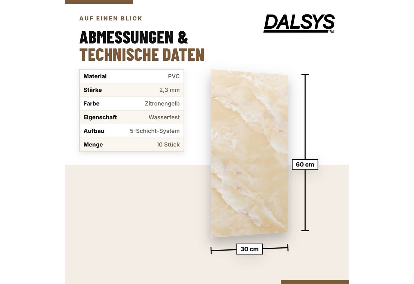 Dalsys Wandpaneel Wandverkleidung selbstklebend aus PVC, BxL: 30x60 cm, (60x30cm Marmoroptik Zitronengelb, 10-tlg., flexible Wandverkleidung Badezimmer wasserfest) 2,3mm Materialstärke, Spritzschutz Küchenrückwand Bild 2