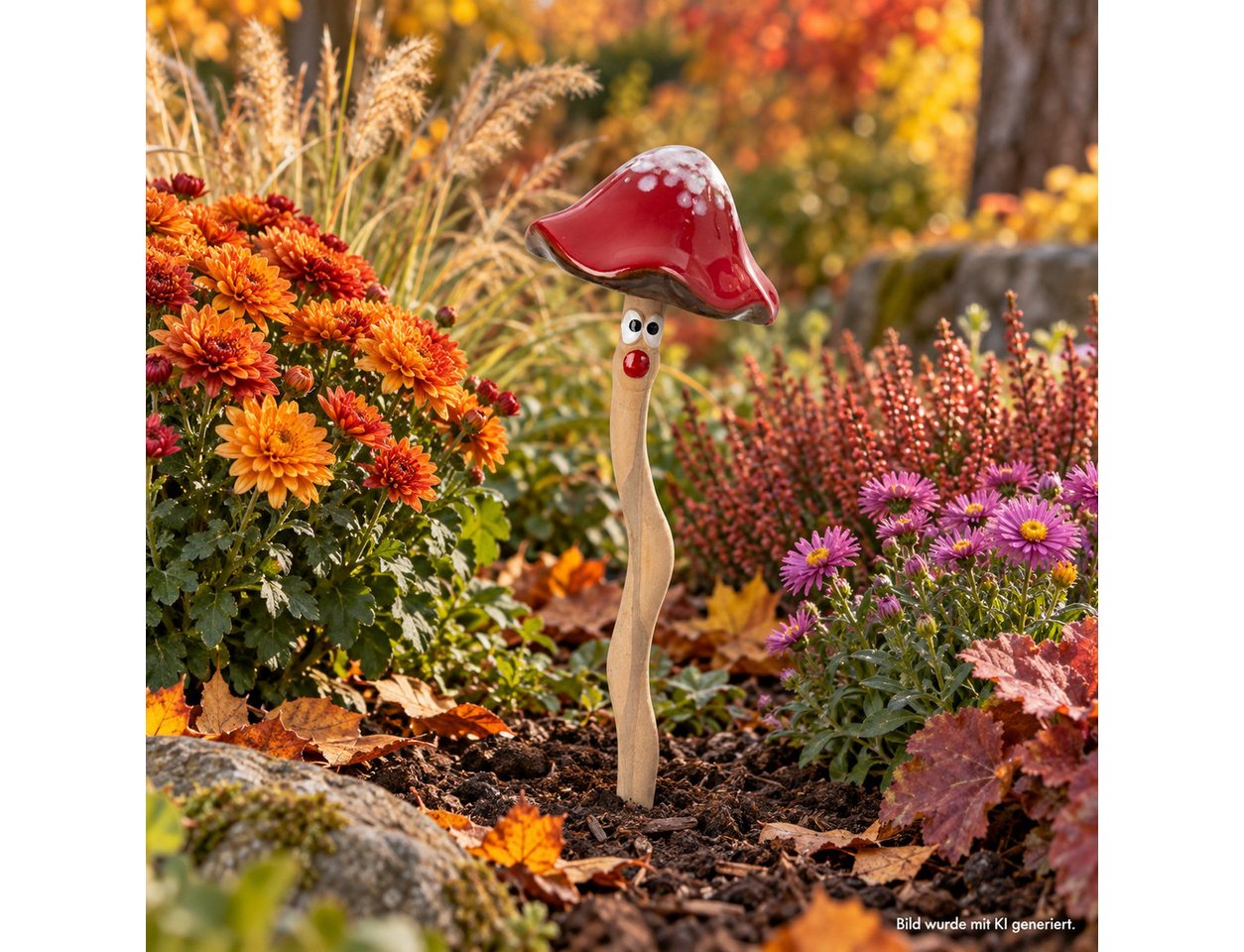 XiRRiX Gartenstecker Beetstecker Pilz mit Wackelfunktion (aus Keramik, Gartendeko) Herbst Deko Pilz Fliegenpilz Bild 4