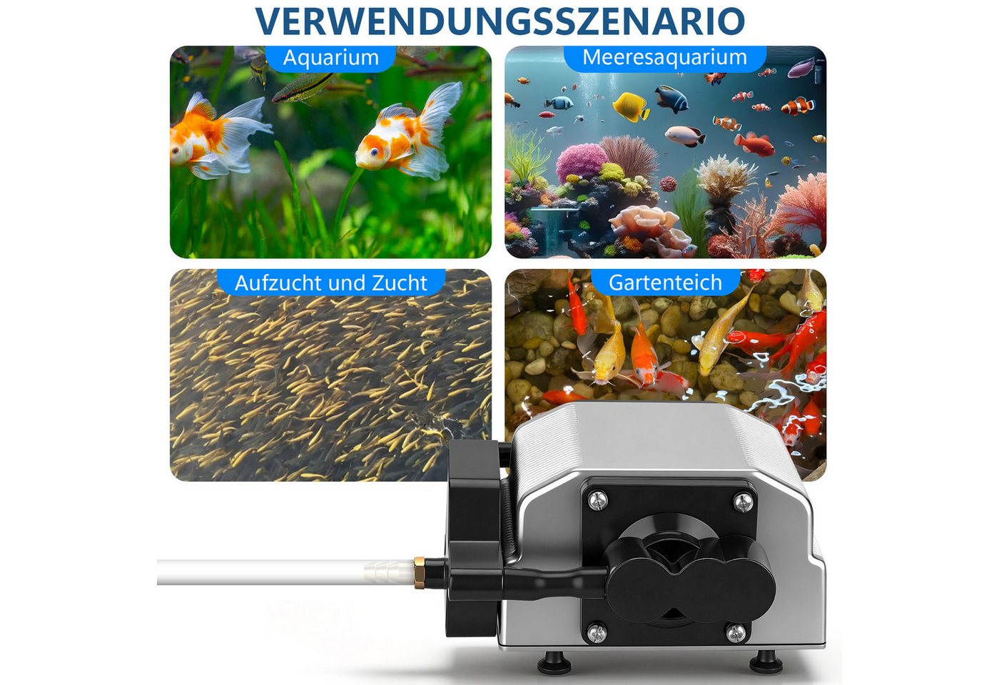 XERSEK Teichbelüfter 25W 3300L/H Aquarium Luftpumpe mit 6 Ausgängen Regelbare Belüfterpumpe, (Aluminiumgehäuse Sauerstoffpumpe mit 6 Luftsteine), für Aquarium Gartenteiche Hydroponisch