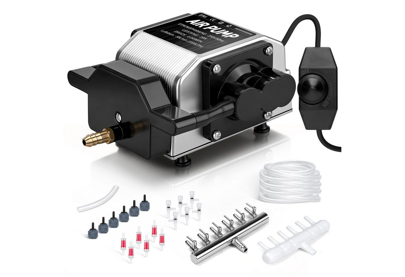 XERSEK Teichbelüfter 25W 3300L/H Aquarium Luftpumpe mit 6 Ausgängen Regelbare Belüfterpumpe, (Aluminiumgehäuse Sauerstoffpumpe mit 6 Luftsteine), für Aquarium Gartenteiche Hydroponisch Bild 2