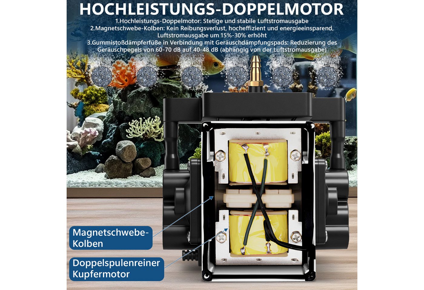 XERSEK Teichbelüfter 25W 3300L/H Aquarium Luftpumpe mit 6 Ausgängen Regelbare Belüfterpumpe, (Aluminiumgehäuse Sauerstoffpumpe mit 6 Luftsteine), für Aquarium Gartenteiche Hydroponisch Bild 3