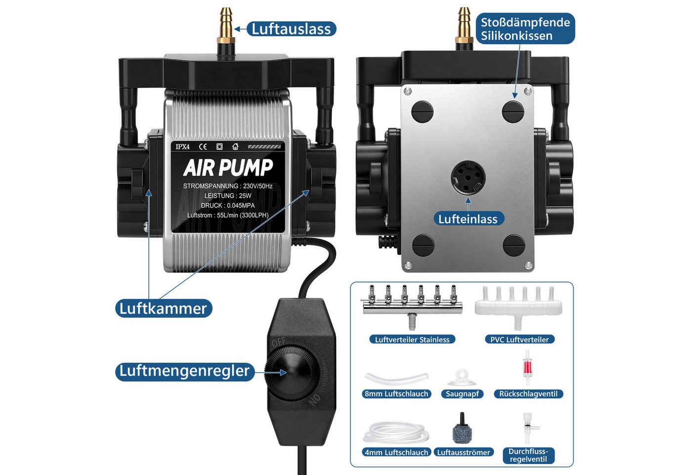 XERSEK Teichbelüfter 25W 3300L/H Aquarium Luftpumpe mit 6 Ausgängen Regelbare Belüfterpumpe, (Aluminiumgehäuse Sauerstoffpumpe mit 6 Luftsteine), für Aquarium Gartenteiche Hydroponisch Bild 4