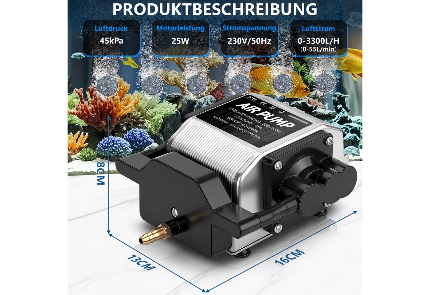 XERSEK Teichbelüfter 25W 3300L/H Aquarium Luftpumpe mit 6 Ausgängen Regelbare Belüfterpumpe, (Aluminiumgehäuse Sauerstoffpumpe mit 6 Luftsteine), für Aquarium Gartenteiche Hydroponisch Bild 5