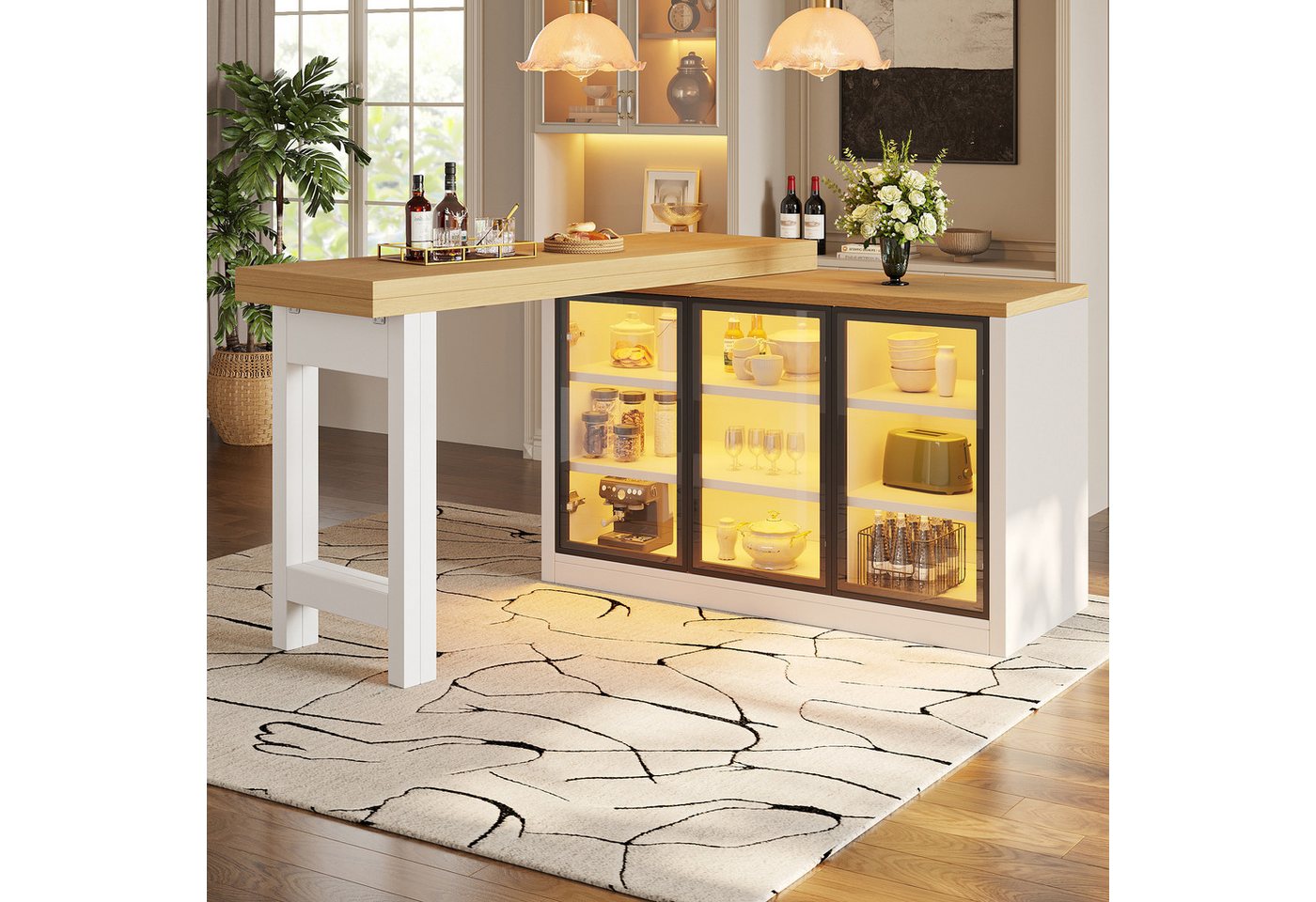KLAM HOME Kücheninsel 360° drehbarer & ausziehbarer Esstisch mit smartem Lichtsystem, (Multifunktionale Kücheninsel Kombination mit Seitenschrank in Weiß), Modernes Esszimmermöbel mit Push‑to‑Open Glastüren & großem Stauraum Bild 2