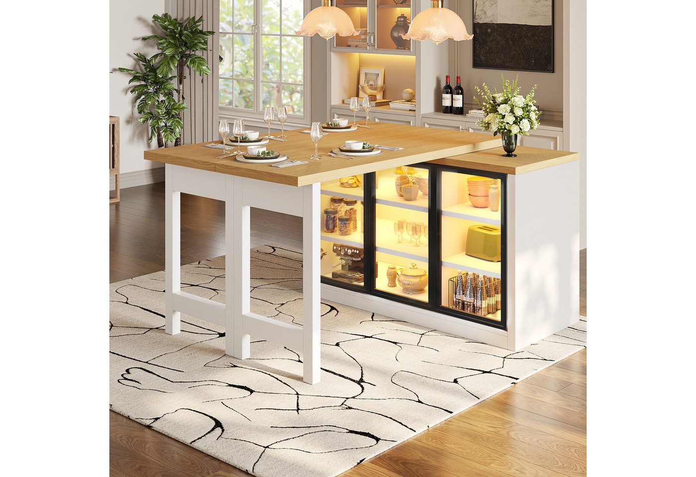KLAM HOME Kücheninsel 360° drehbarer & ausziehbarer Esstisch mit smartem Lichtsystem, (Multifunktionale Kücheninsel Kombination mit Seitenschrank in Weiß), Modernes Esszimmermöbel mit Push‑to‑Open Glastüren & großem Stauraum Bild 3