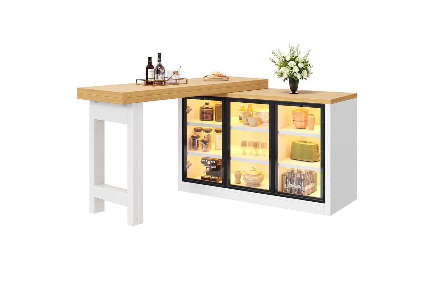 KLAM HOME Kücheninsel 360° drehbarer & ausziehbarer Esstisch mit smartem Lichtsystem, (Multifunktionale Kücheninsel Kombination mit Seitenschrank in Weiß), Modernes Esszimmermöbel mit Push‑to‑Open Glastüren & großem Stauraum Bild 4