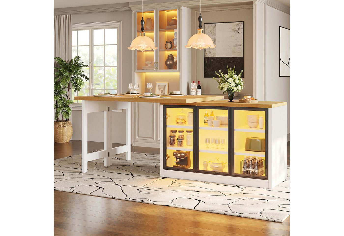 KLAM HOME Kücheninsel 360° drehbarer & ausziehbarer Esstisch mit smartem Lichtsystem, (Multifunktionale Kücheninsel Kombination mit Seitenschrank in Weiß), Modernes Esszimmermöbel mit Push‑to‑Open Glastüren & großem Stauraum Bild 5