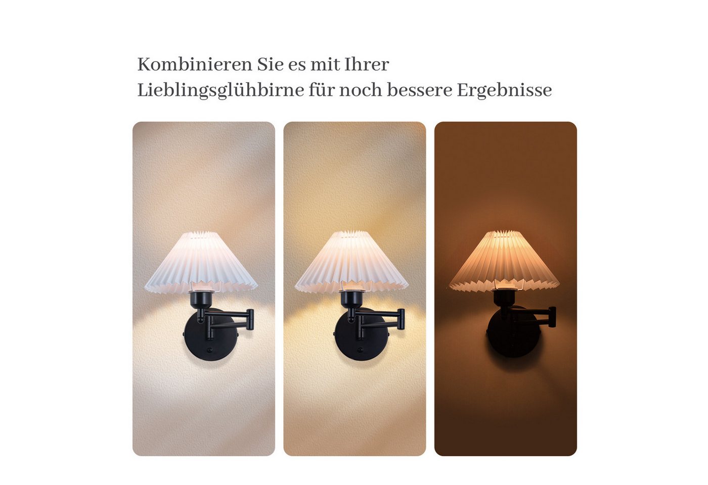 ZMH Wandleuchte innen Flurlampe Weiß E27 Modern Wandlampe Schlafzimmer, ohne Leuchtmittel, Metall & Stoff,1 Stück,180° schwenkbar,für Wohnzimmer Esszimmer Bild 2