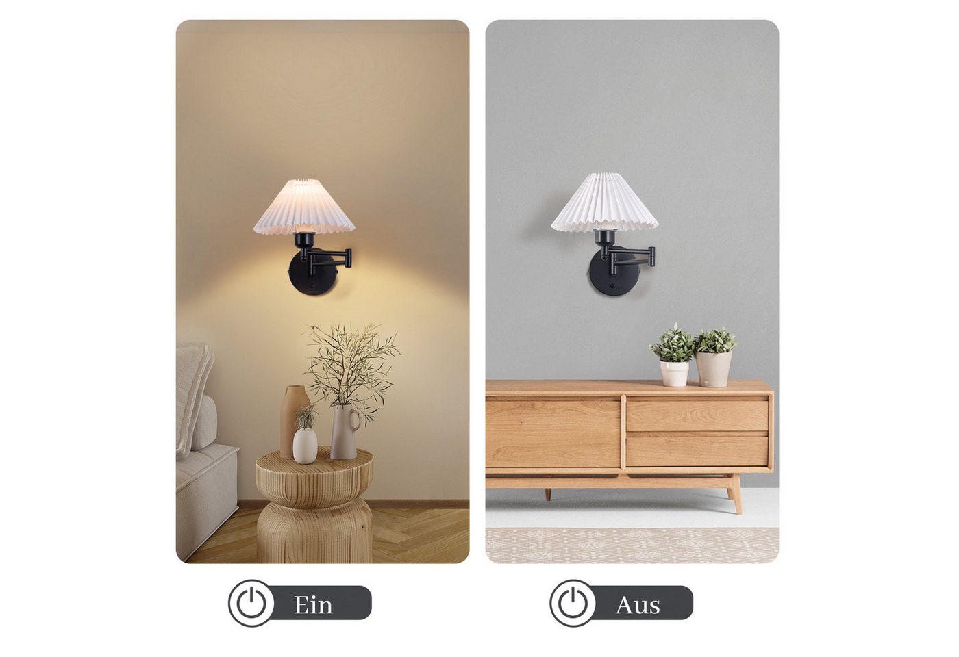 ZMH Wandleuchte innen Flurlampe Weiß E27 Modern Wandlampe Schlafzimmer, ohne Leuchtmittel, Metall & Stoff,1 Stück,180° schwenkbar,für Wohnzimmer Esszimmer Bild 3
