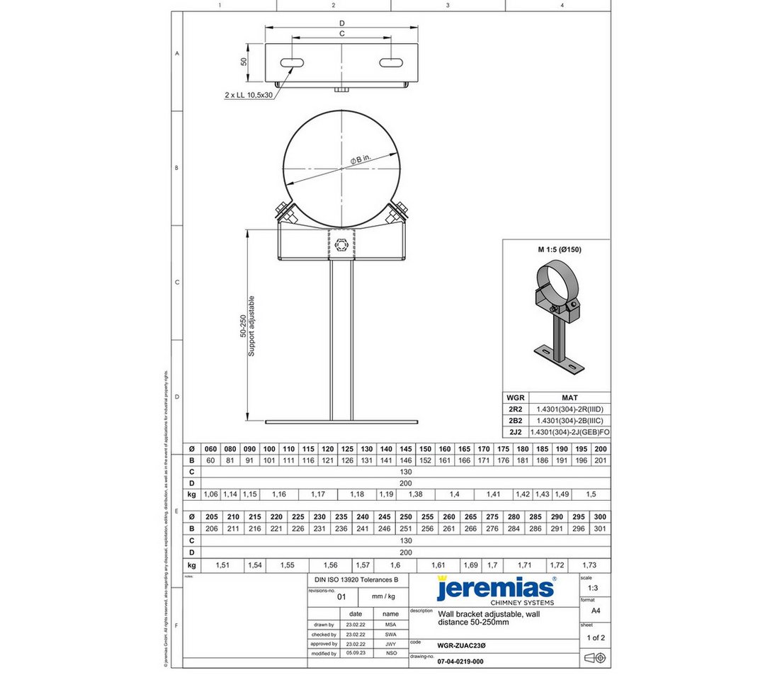 Jeremias Schornstein Ø 130 mm Jeremias DW Vision Wandhalterung verstellbar 50 - 250 mm, Ø 130 mm