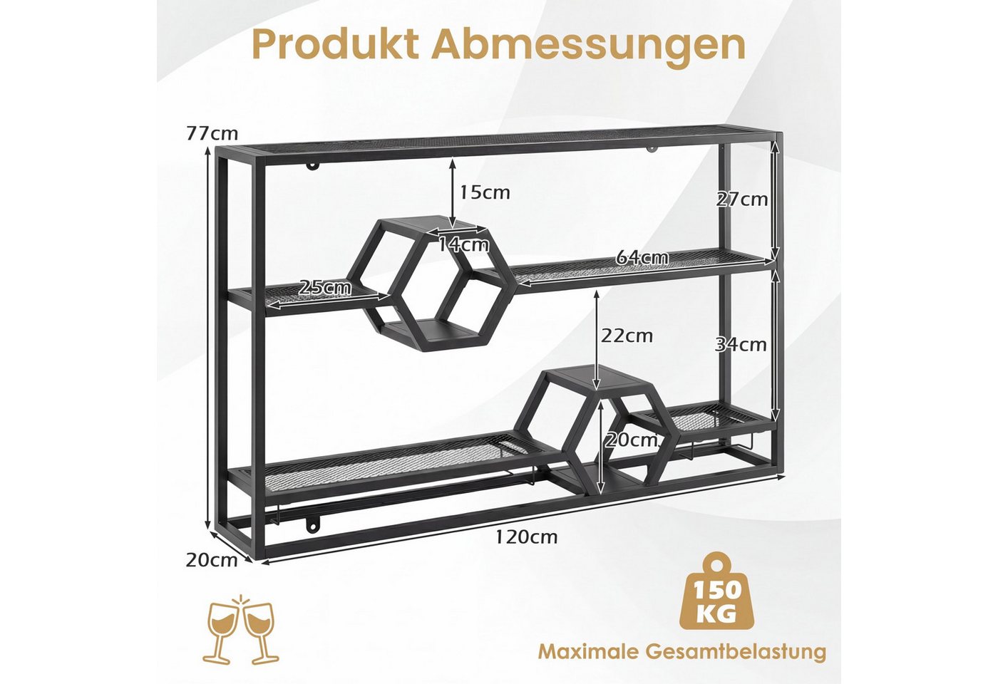 COSTWAY Weinregal Wand Metall Flaschenregal mit Glashalter, 120x20x77cm